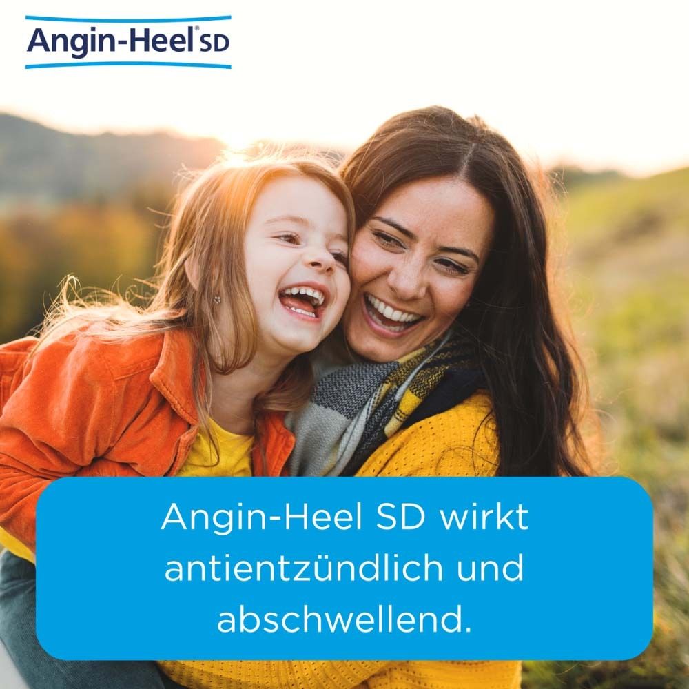 Mutter und Kind lachen. Text: Angin-Heel SD wirkt antientzündlich und abschwellend.