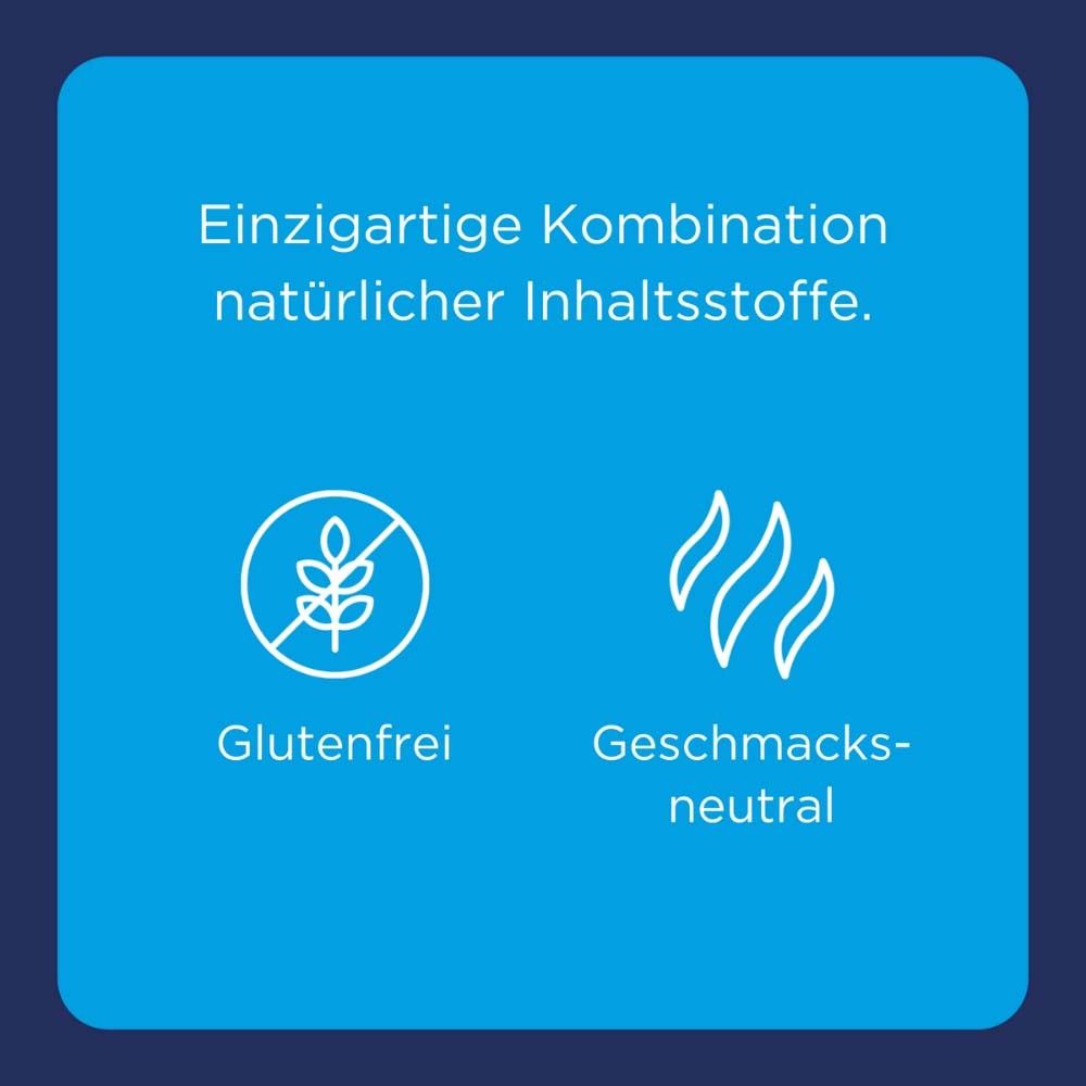 Blauer Hintergrund mit Text und Symbolen. Glutenfrei und geschmacksneutral.