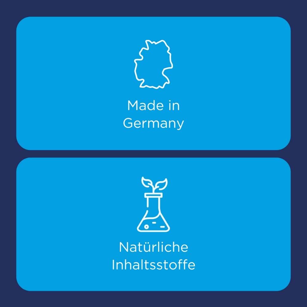 Blauer Hintergrund mit Text und Symbolen. Hergestellt in Deutschland, natürliche Inhaltsstoffe.