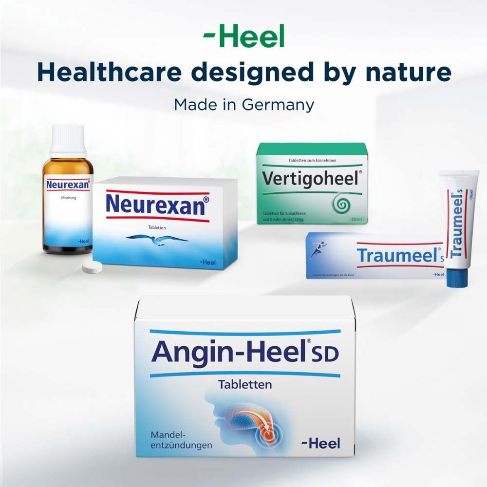 Verschiedene Heel Produkte: Neurexan, Vertigoheel, Traumeel, Angin-Heel SD Tabletten.