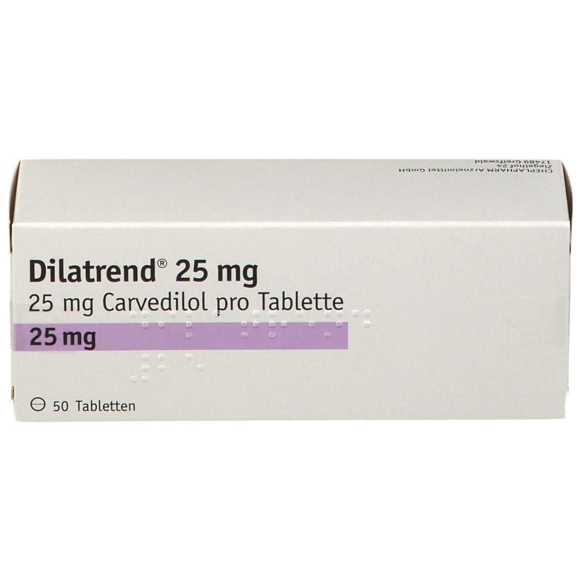 Packung DILATREND® 25 mg, 50 Tabletten.