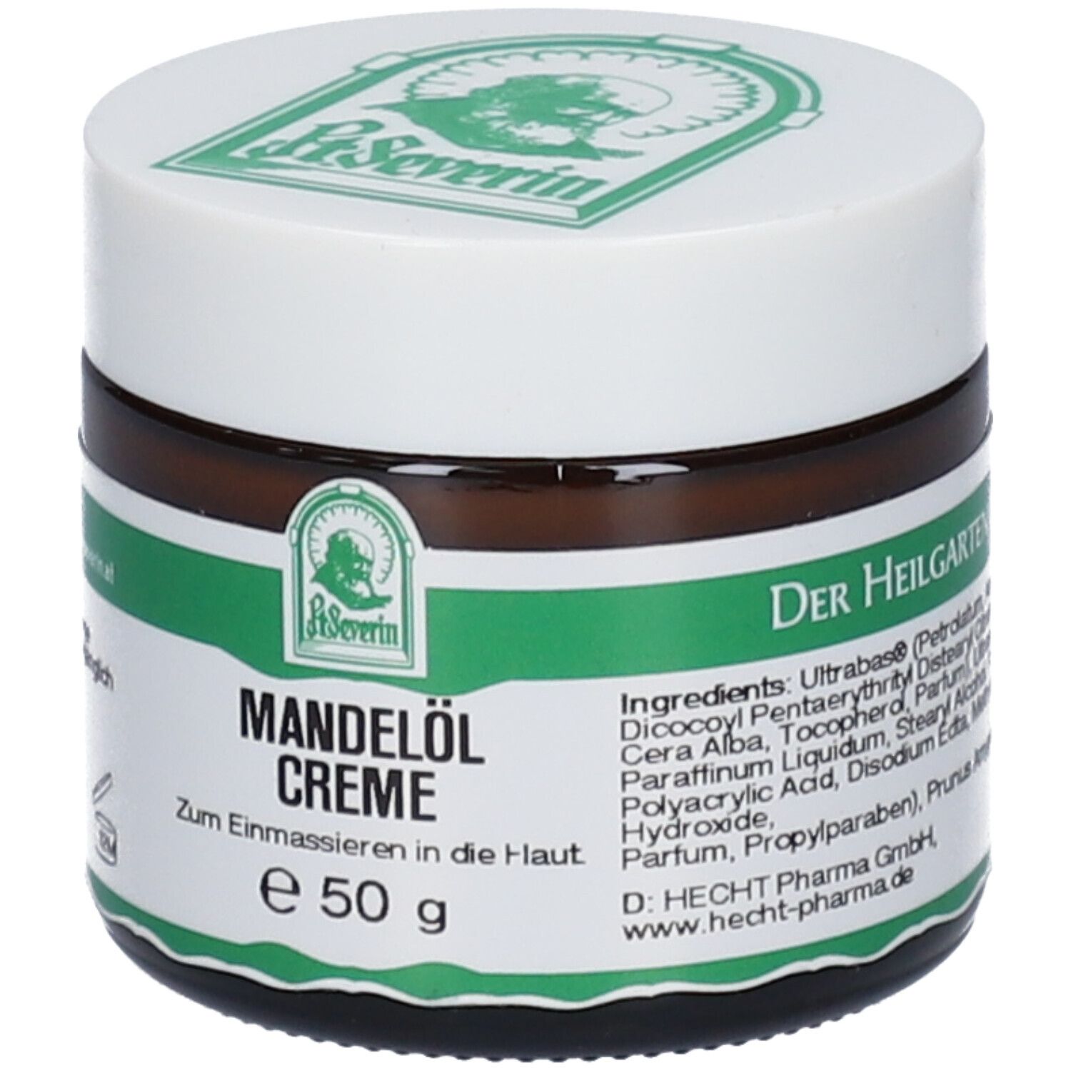 Braunes Glas mit weißem Deckel. Aufschrift: Mandelöl Creme, 50 g. Grün-weißes Etikett mit Logo und Inhaltsstoffen.