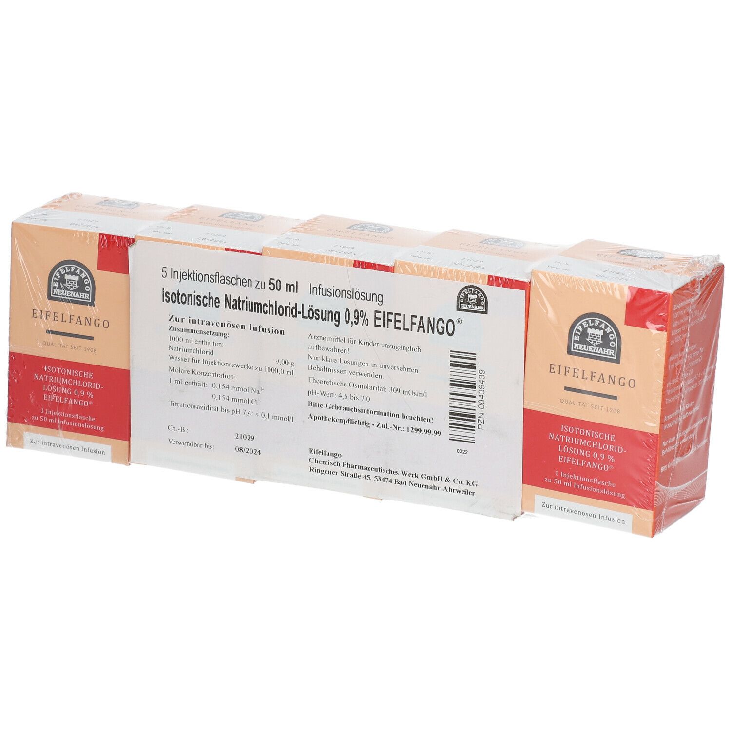 Verpackung mit 5 Infusionsflaschen. Aufdruck: Isotonische Natriumchlorid-Lösung 0,9% EIFELFANGO. Einzelverpackung.