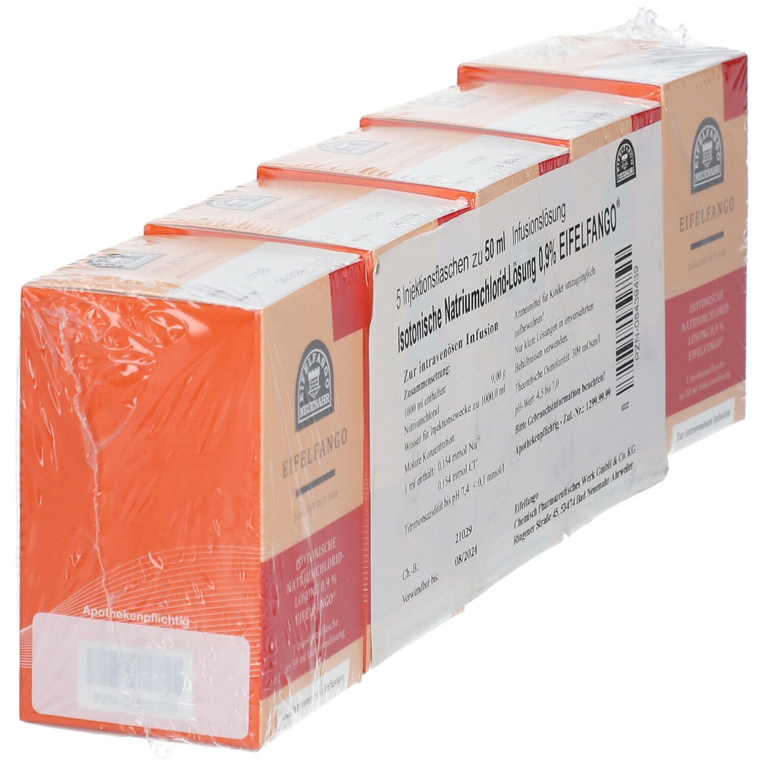 Verpackung mit 5 Infusionsflaschen. Aufdruck: Isotonische Natriumchlorid-Lösung 0,9% EIFELFANGO. Einzelverpackung.