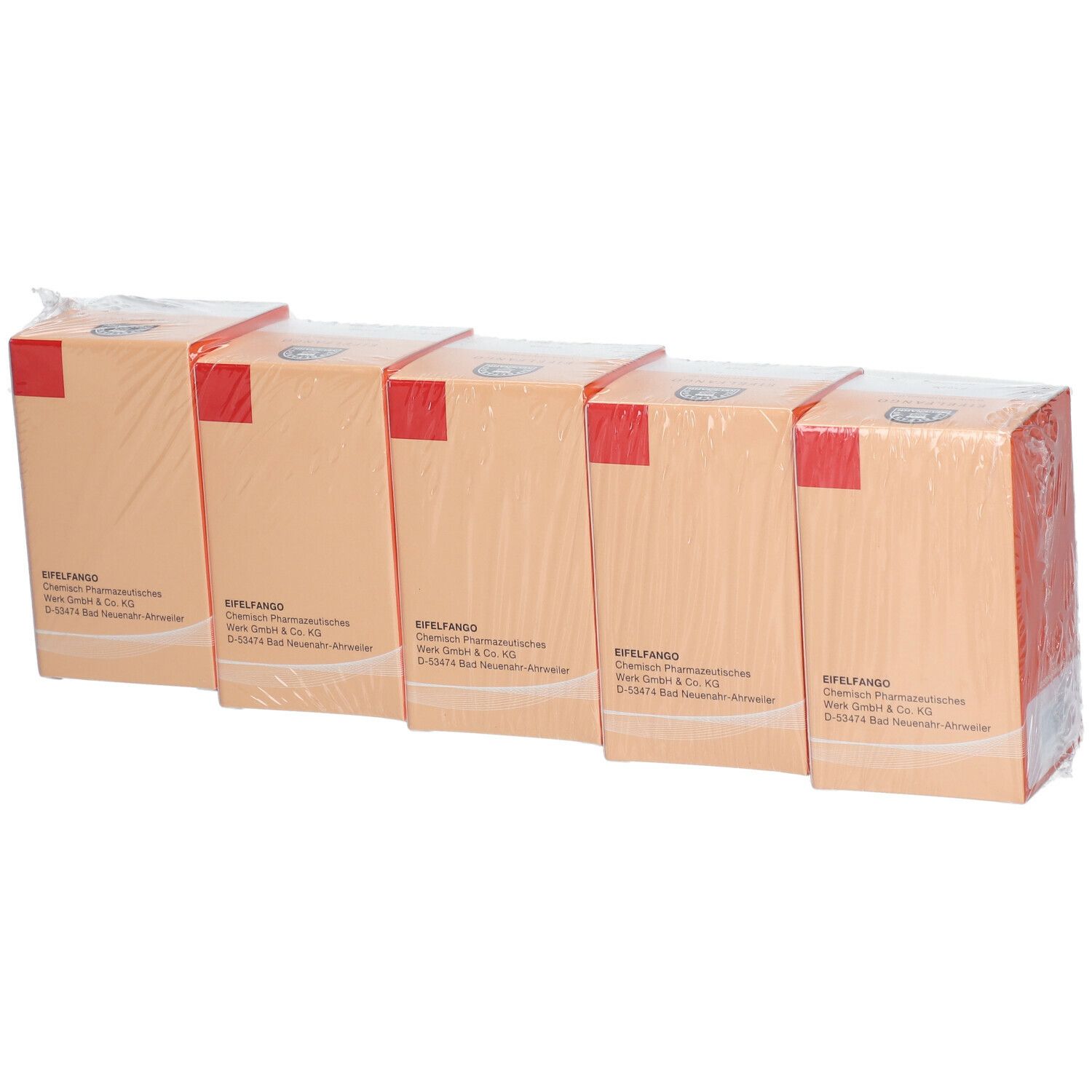 Fünf in Folie verpackte Kartons. Aufdruck: EIFELFANGO. Einzelverpackung.