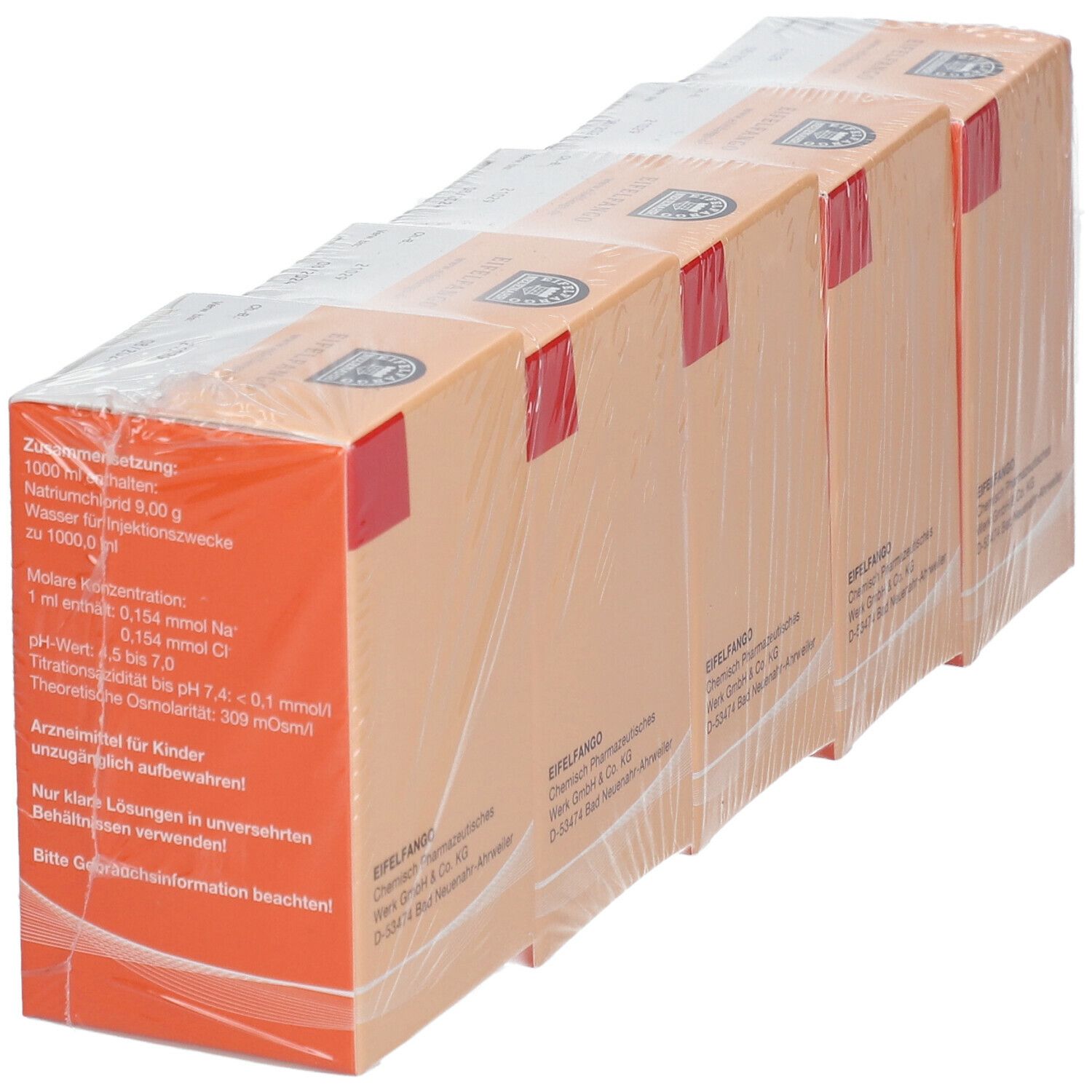Fünf in Folie verpackte Kartons. Aufdruck: EIFELFANGO. Einzelverpackung.