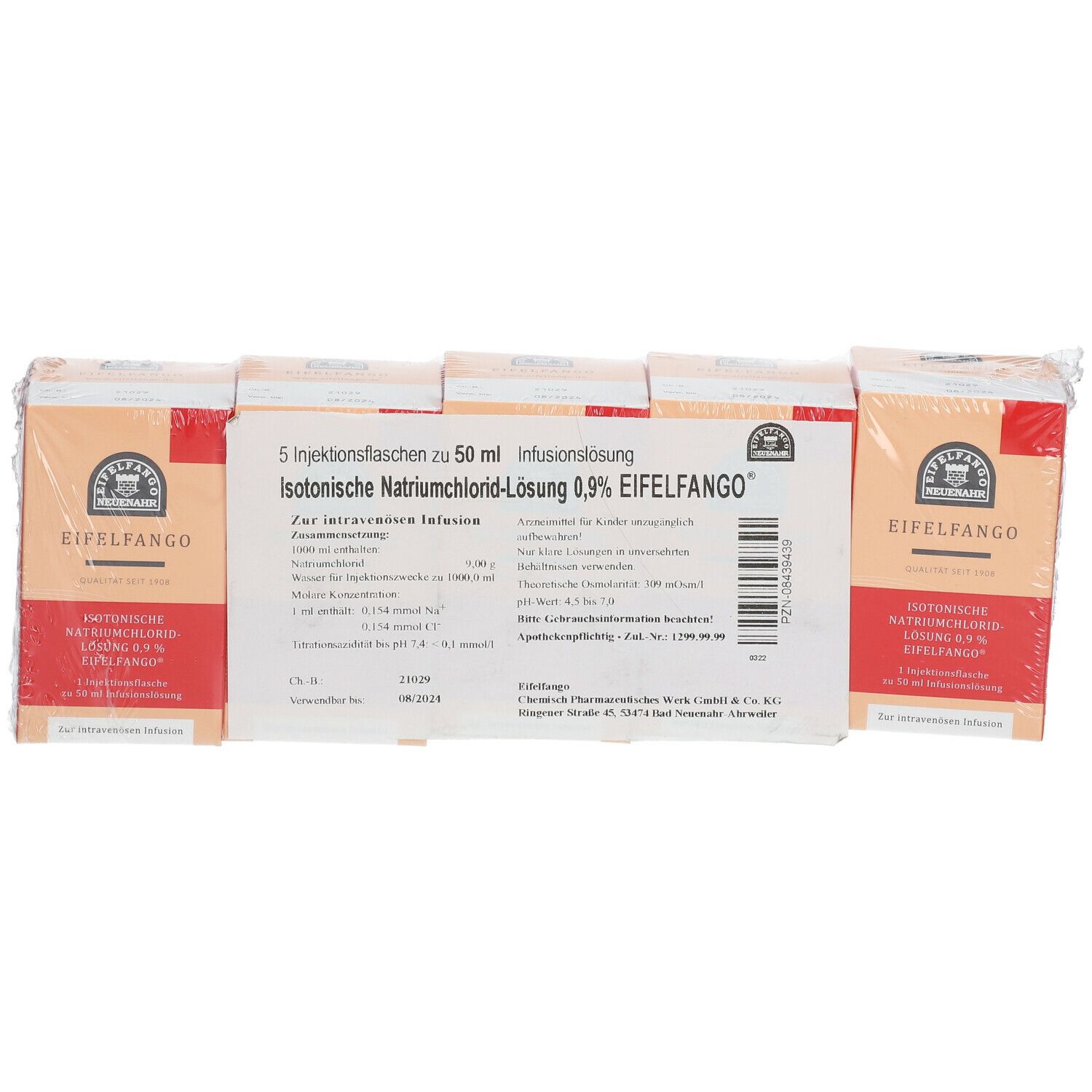 Verpackung mit 5 Infusionsflaschen. Aufdruck: Isotonische Natriumchlorid-Lösung 0,9% EIFELFANGO. Einzelverpackung.