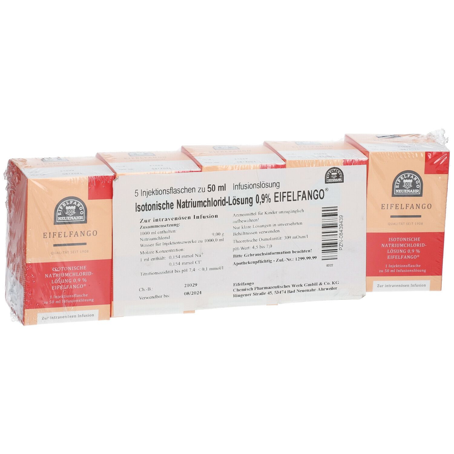 Verpackung mit 5 Infusionsflaschen. Aufdruck: Isotonische Natriumchlorid-Lösung 0,9% EIFELFANGO. Einzelverpackung.