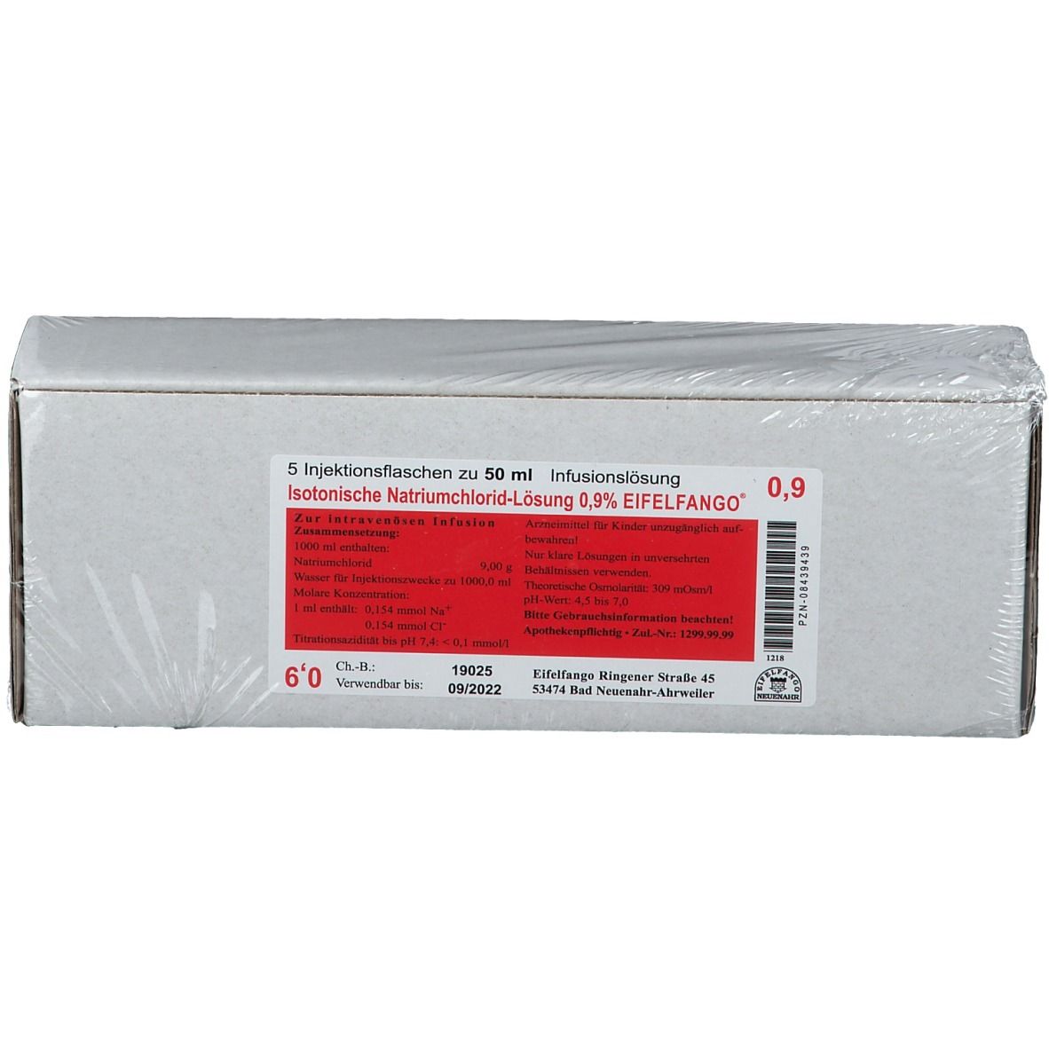 Verpackung mit 5 Infusionsflaschen. Aufdruck: Isotonische Natriumchlorid-Lösung 0,9% EIFELFANGO. Einzelverpackung.