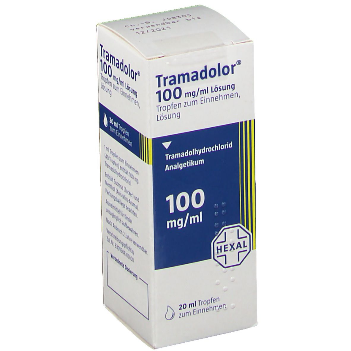 Weiß-blaue Faltschachtel mit Produktinformationen. Schriftzug: Tramadolor 100 mg/ml Lösung. Logo Hexal. Tropfen-Symbol.