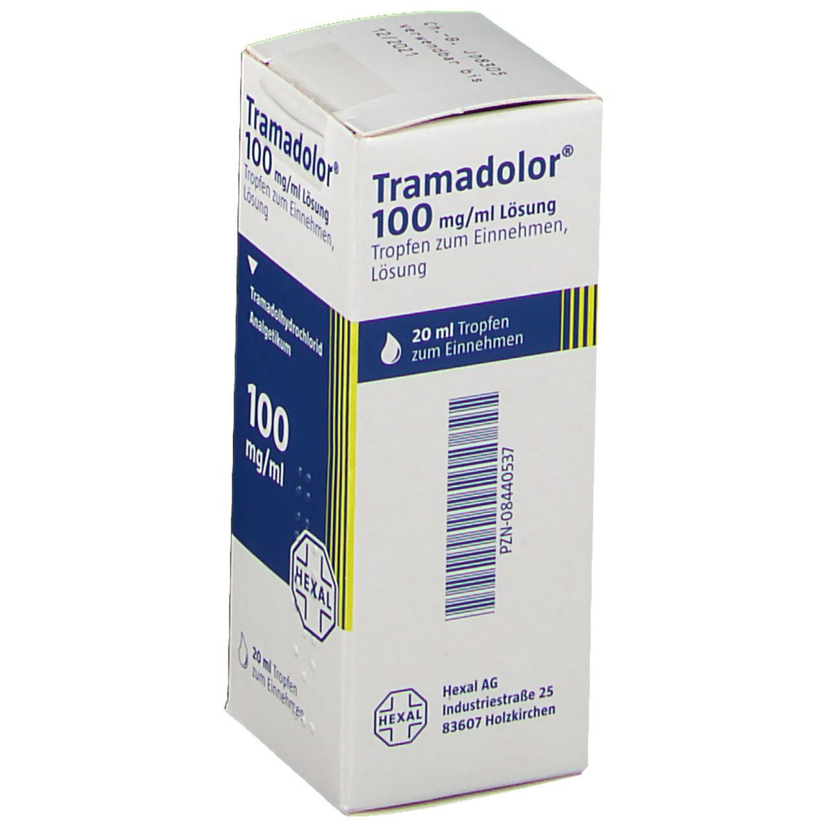 Weiß-blaue Faltschachtel mit Produktinformationen. Schriftzug: Tramadolor 100 mg/ml Lösung. Logo Hexal. Tropfen-Symbol.