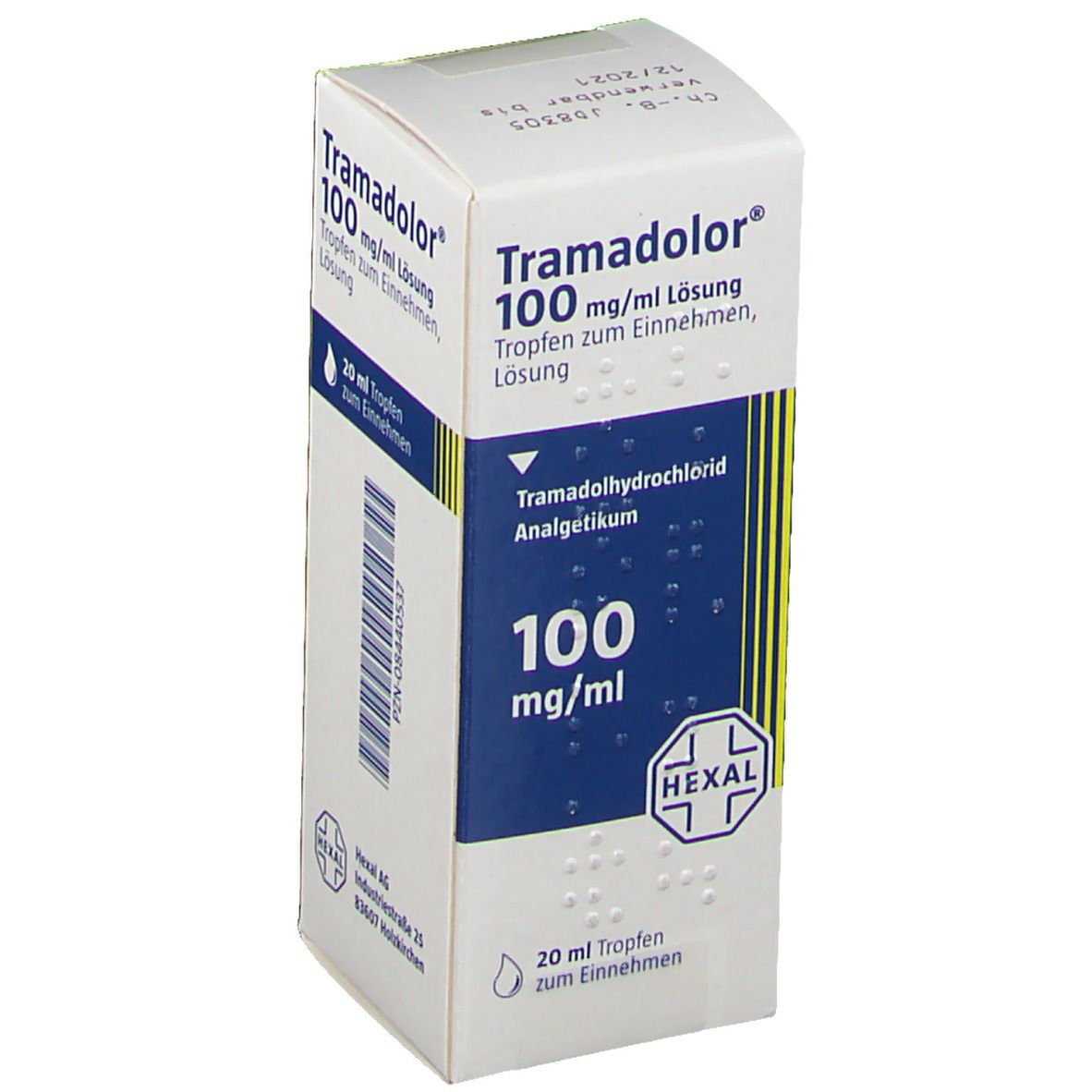 Weiß-blaue Faltschachtel mit Produktinformationen. Schriftzug: Tramadolor 100 mg/ml Lösung. Logo Hexal. Tropfen-Symbol.
