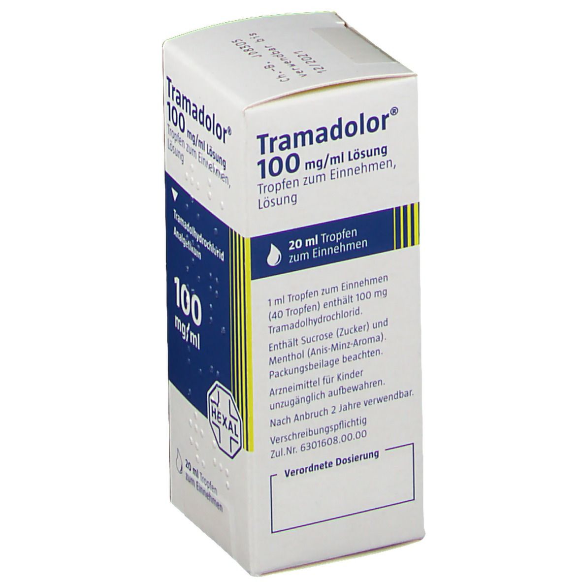 Weiß-blaue Faltschachtel mit Produktinformationen. Schriftzug: Tramadolor 100 mg/ml Lösung. Logo Hexal. Tropfen-Symbol.