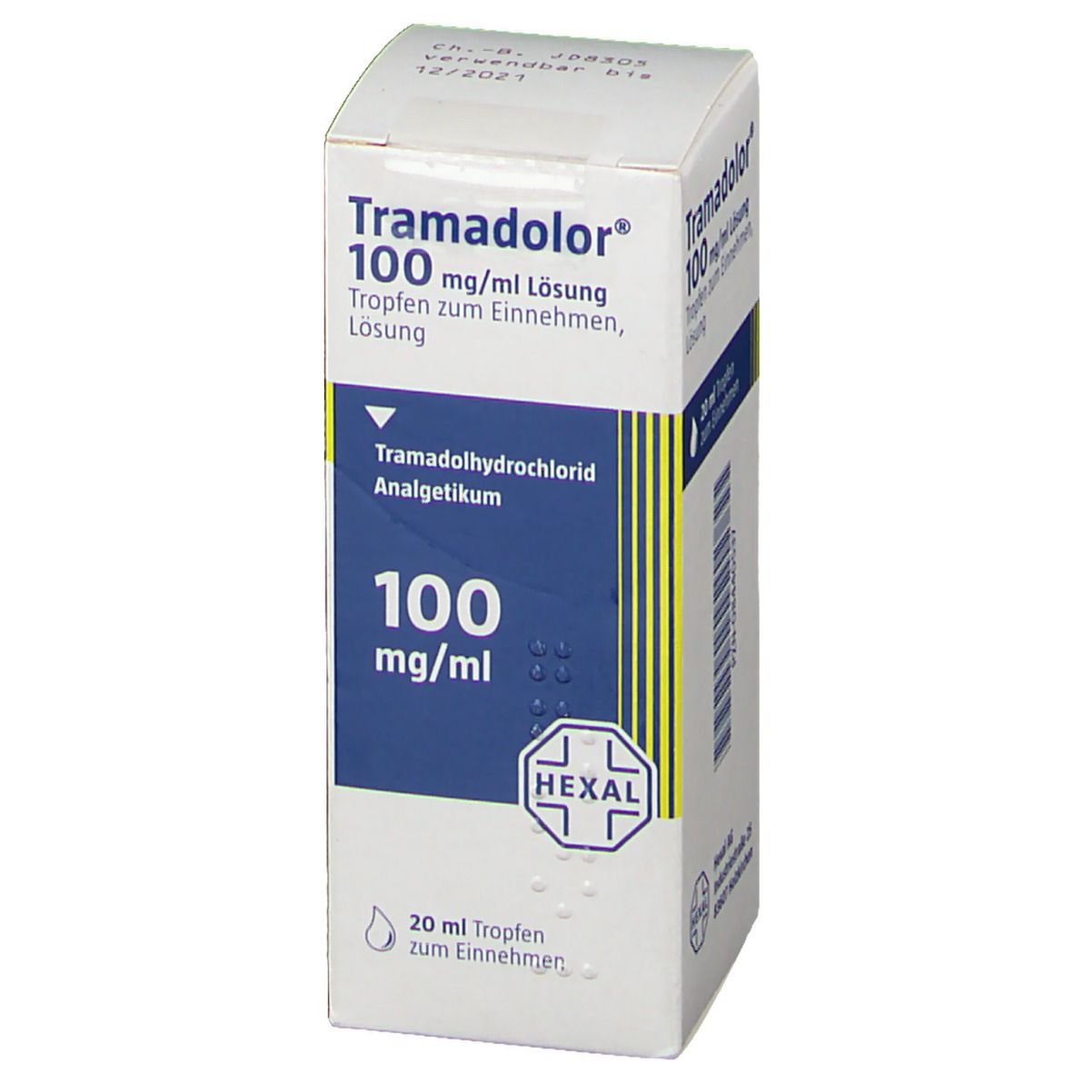 Weiß-blaue Faltschachtel mit Produktinformationen. Schriftzug: Tramadolor 100 mg/ml Lösung. Logo Hexal. Tropfen-Symbol.