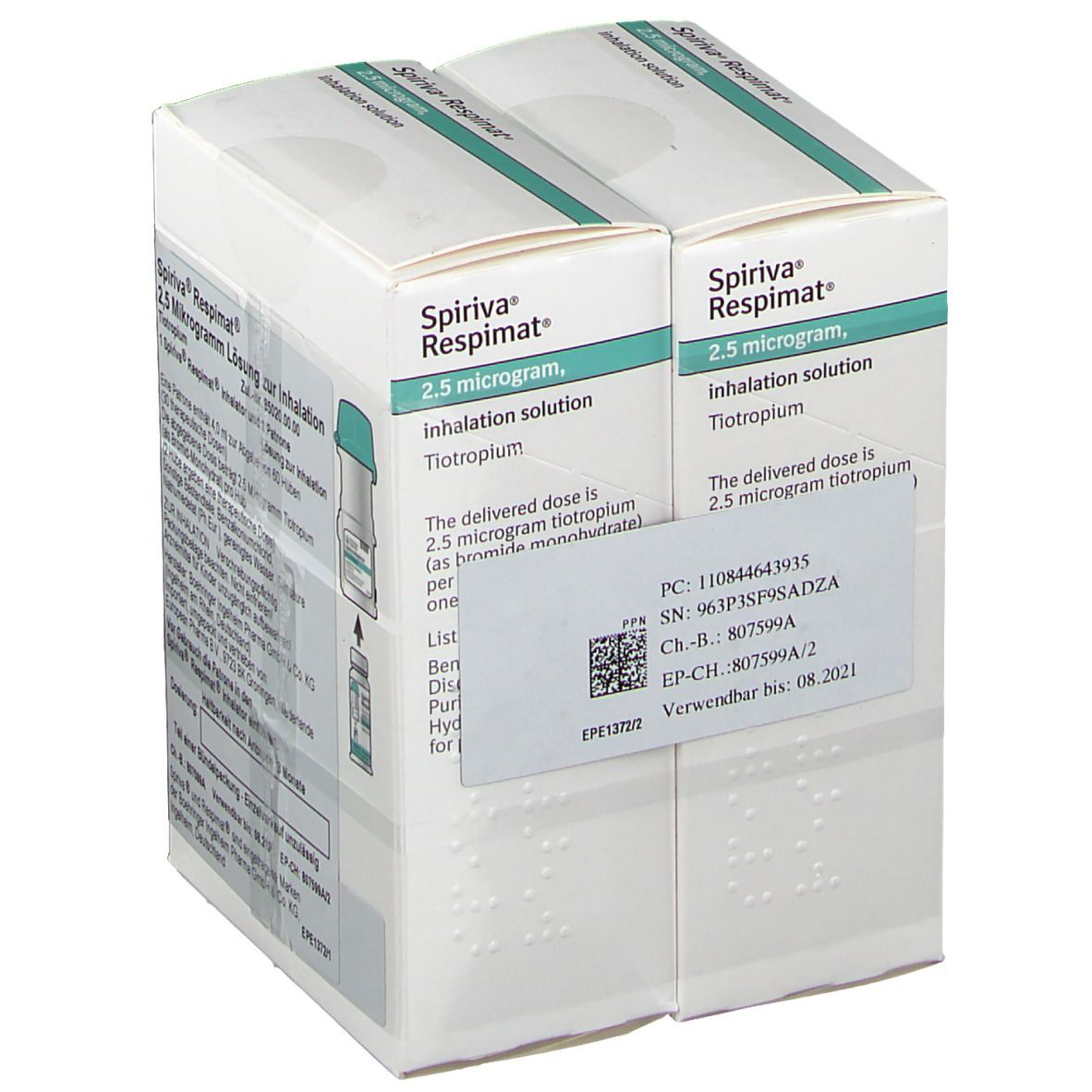 Zwei Kartons SPIRIVA Respimat 2,5 Mikrogramm Lösung zur Inhalation. Aufdrucke mit Produktinformationen und Barcode.
