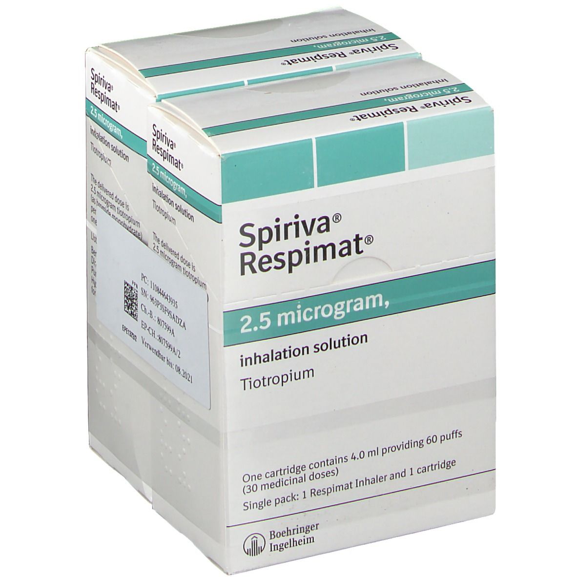 Karton SPIRIVA Respimat 2,5 Mikrogramm Lösung zur Inhalation. Produktname, Dosierung und Inhalationslösung aufgedruckt.