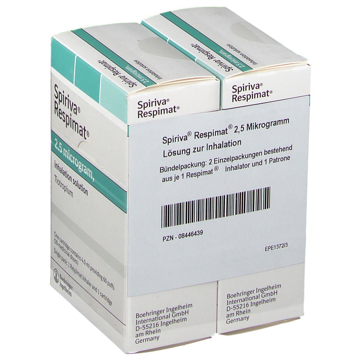 Zwei Kartons SPIRIVA Respimat 2,5 Mikrogramm Lösung zur Inhalation. Produktinformationen und Barcode aufgedruckt.
