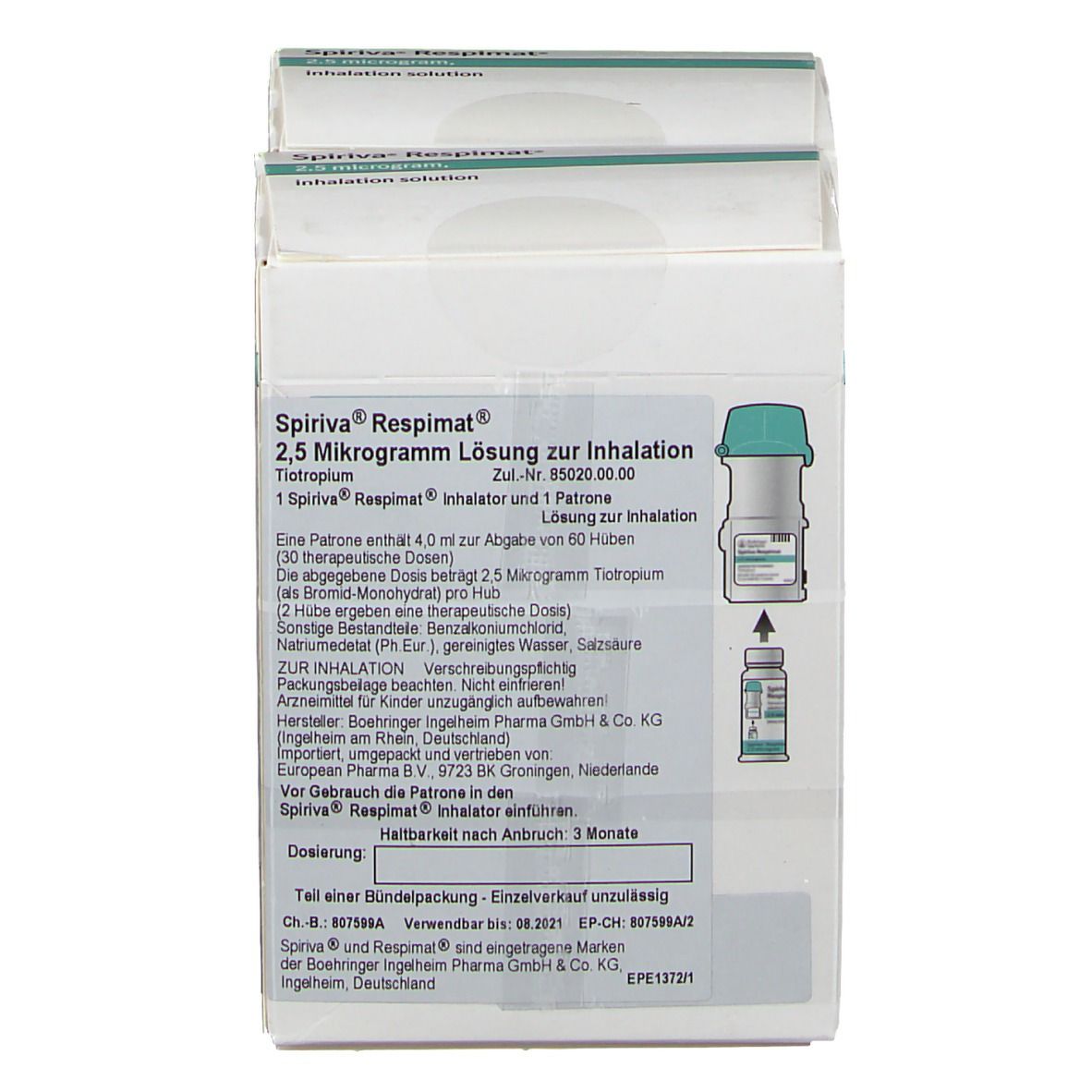 Rückseite eines Kartons SPIRIVA Respimat 2,5 Mikrogramm Lösung zur Inhalation. Produktinformationen und Abbildungen.
