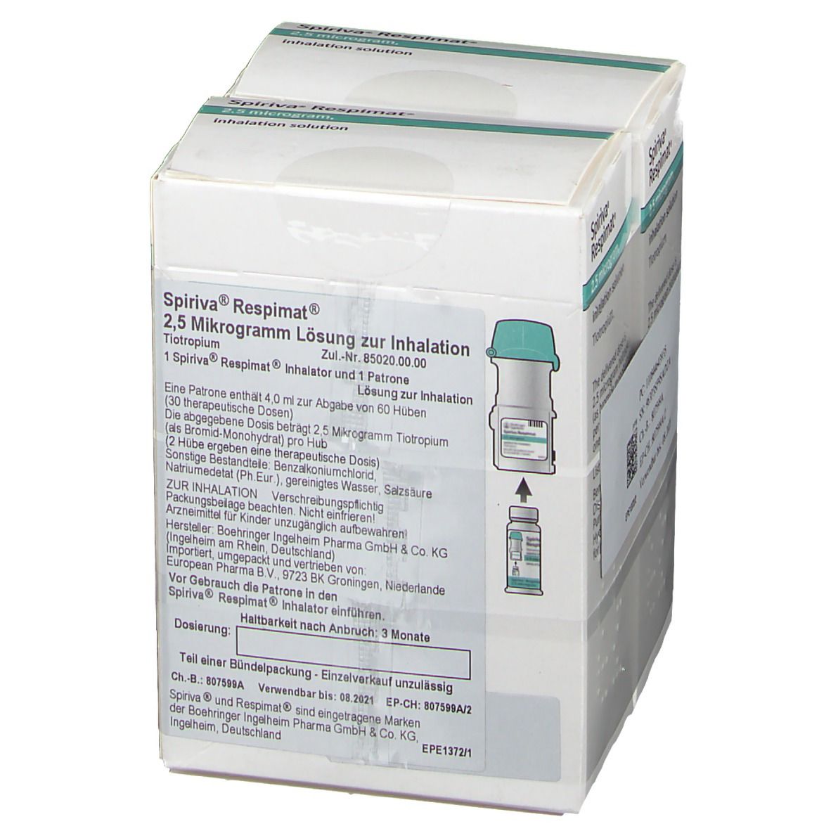 Zwei Kartons SPIRIVA Respimat 2,5 Mikrogramm Lösung zur Inhalation. Produktinformationen und Abbildungen.