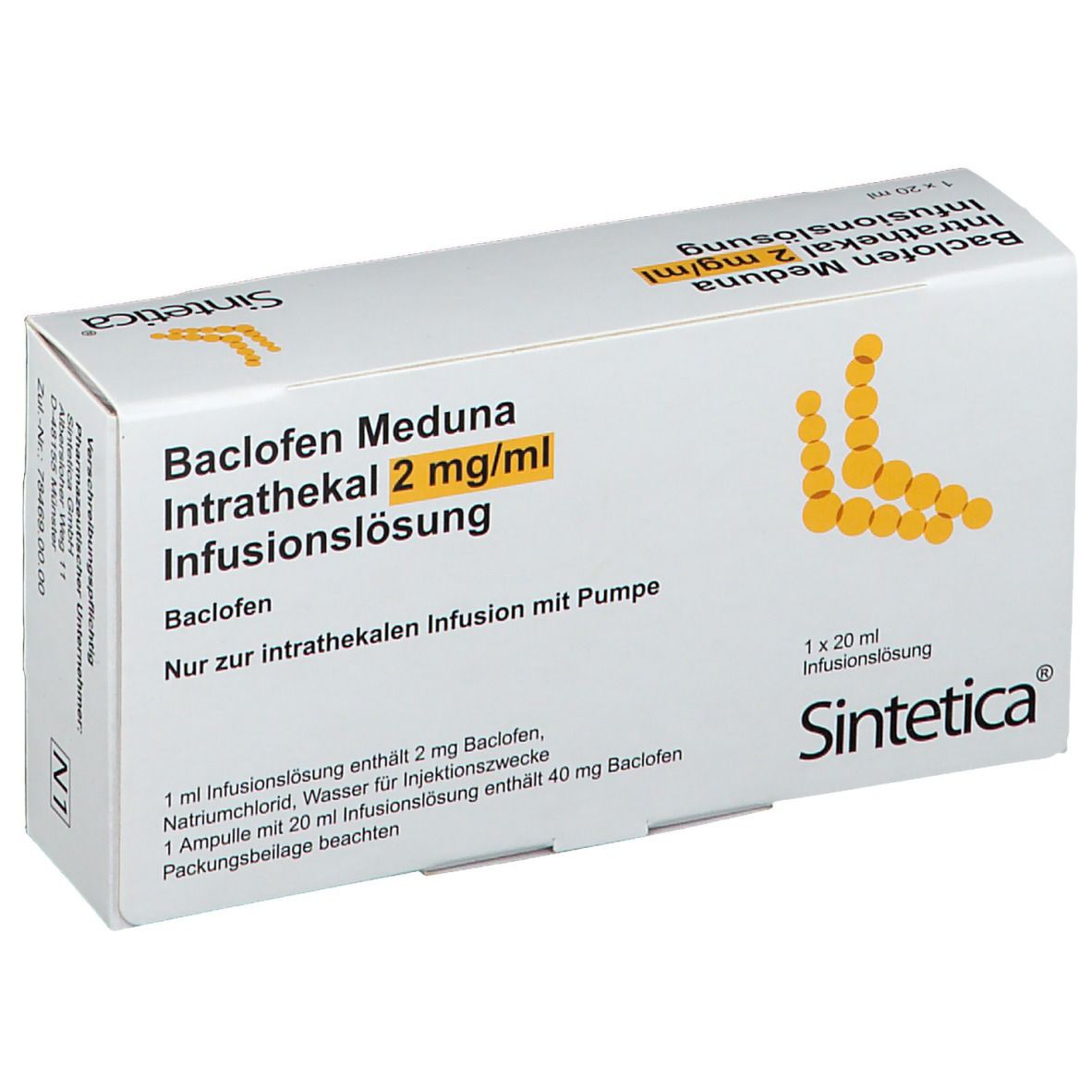 Karton von Baclofen Meduna Intrathekal 2 mg/ml Infusionslösung. Enthält 1 Ampulle mit 20 ml Infusionslösung. Sinteca-Logo.