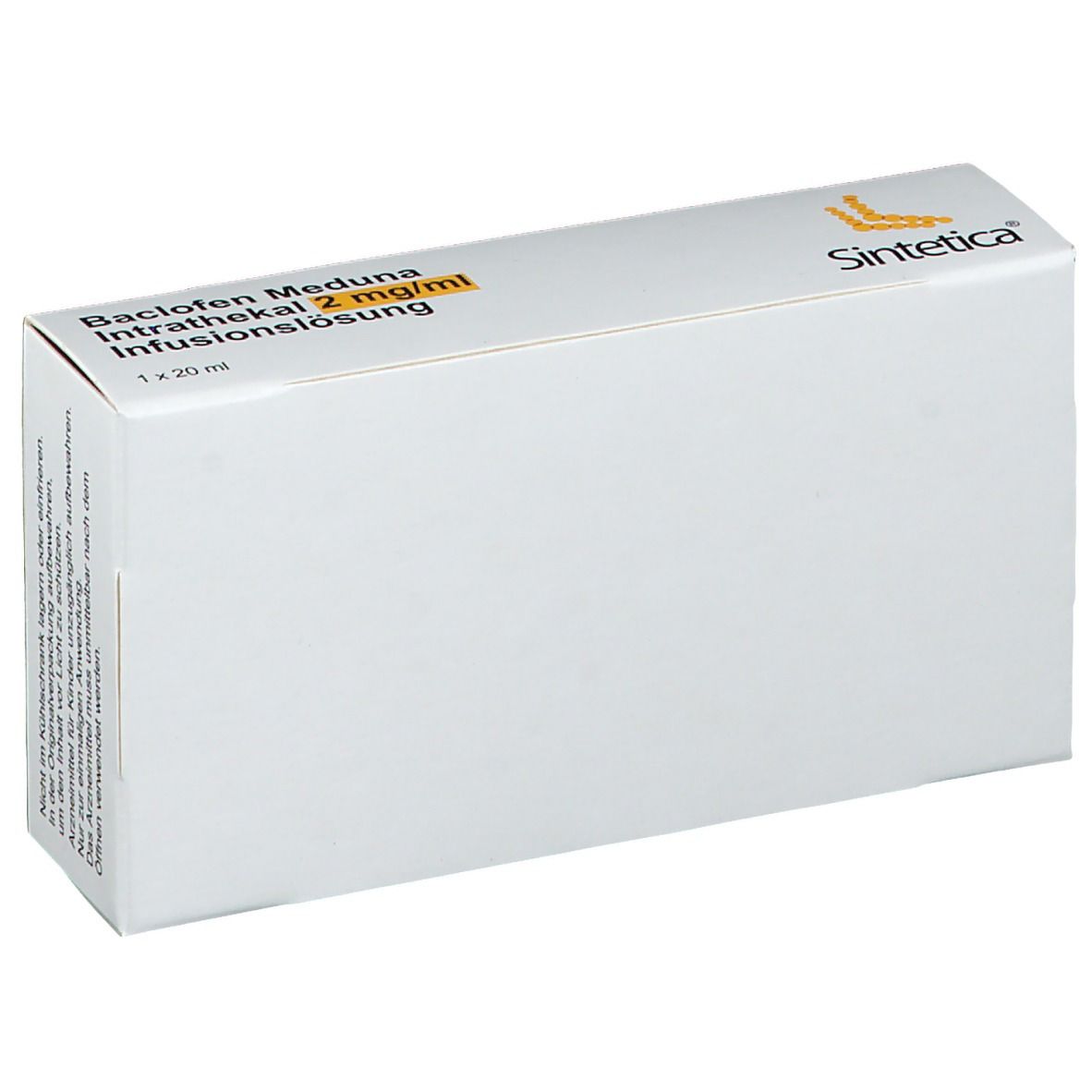 Weiße Verpackung von Baclofen Meduna Intrathekal 2 mg/ml Infusionslösung. Sinteca-Logo. Leere Fläche.