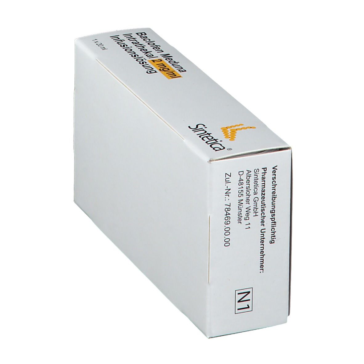 Schräg gestellte Verpackung von Baclofen Meduna Intrathekal 2 mg/ml Infusionslösung. Sinteca-Logo. Text und N1-Kennzeichnung.