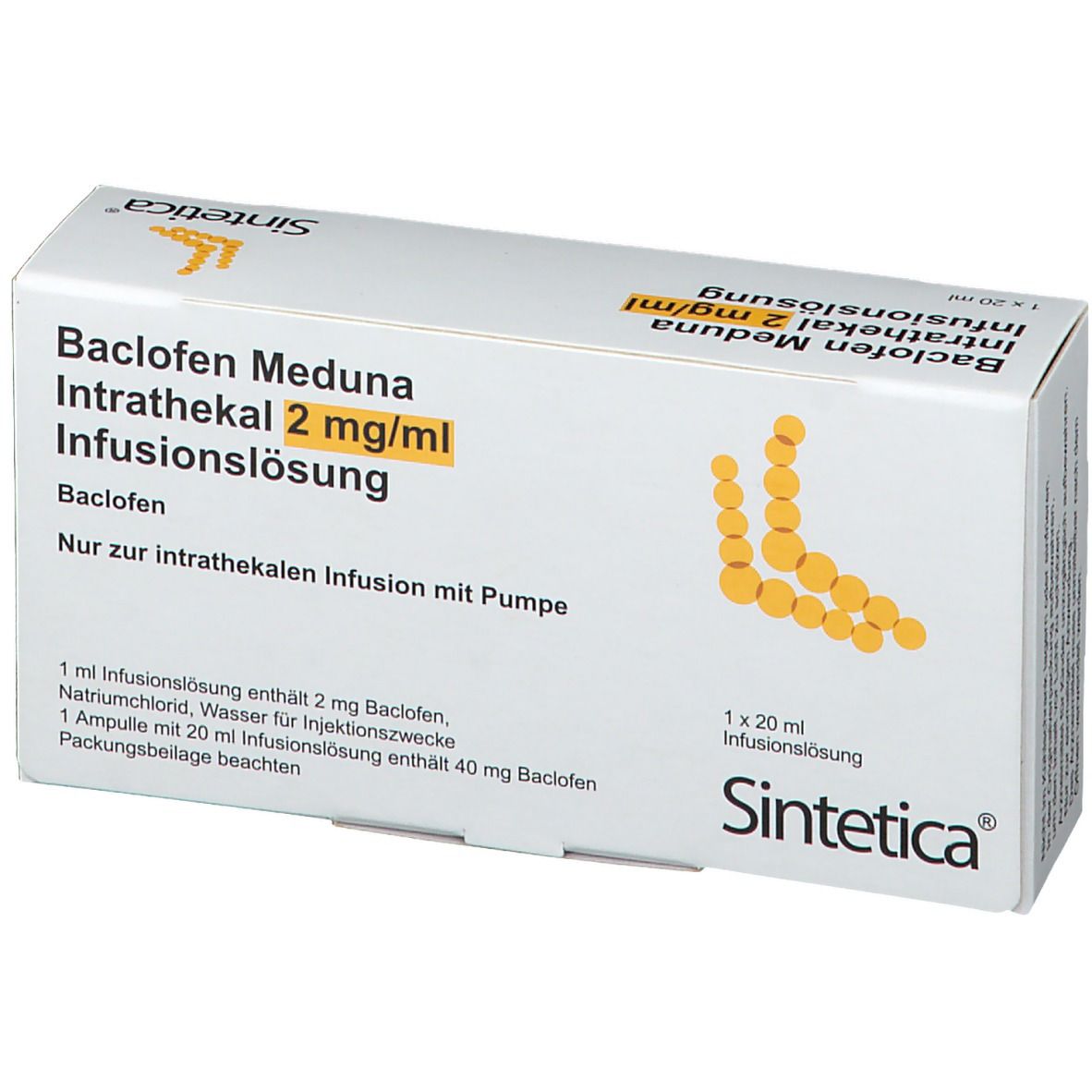 Karton von Baclofen Meduna Intrathekal 2 mg/ml Infusionslösung. Enthält 1 Ampulle mit 20 ml Infusionslösung. Sinteca-Logo.