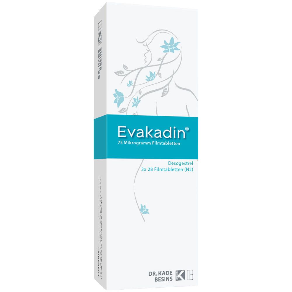 Weiße Verpackung mit blauem Streifen. Schriftzug: Evakadin 75 Mikrogramm Filmtabletten. 3x28 Filmtabletten.