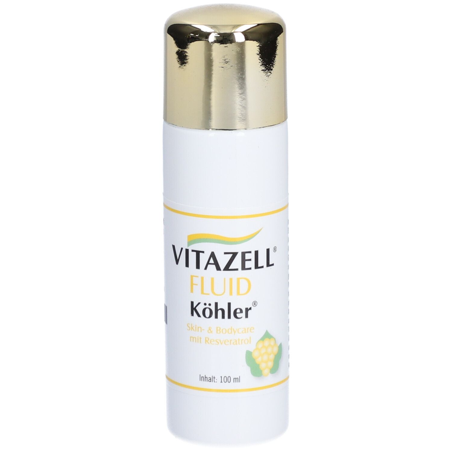 Weiße Flasche mit goldenem Deckel. Aufschrift: Vitazell Fluid Köhler. Skin & Bodycare mit Resveratrol. Abbildung einer Traube.