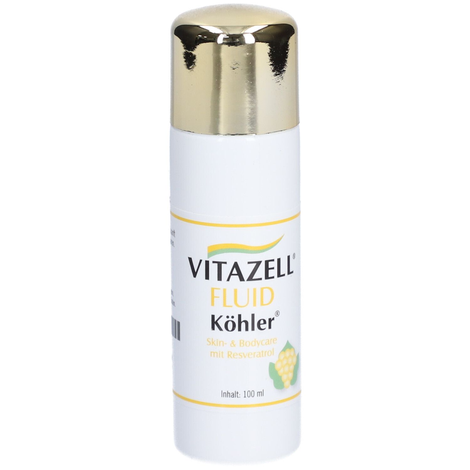 Weiße Flasche mit goldenem Deckel. Aufschrift: Vitazell Fluid Köhler. Skin & Bodycare mit Resveratrol. Abbildung einer Traube.
