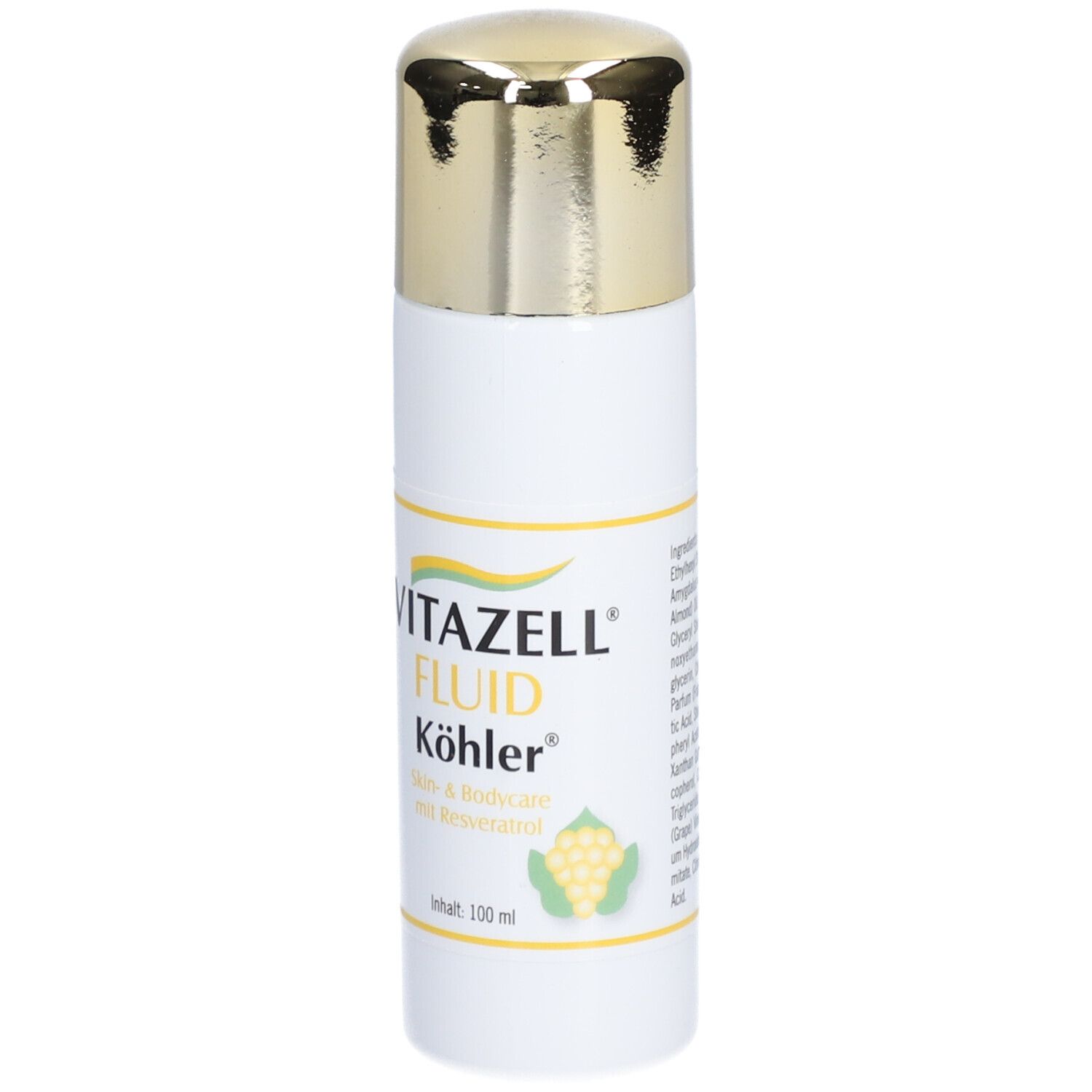 Weiße Flasche mit goldenem Deckel. Aufschrift: Vitazell Fluid Köhler. Skin & Bodycare mit Resveratrol. Abbildung einer Traube.