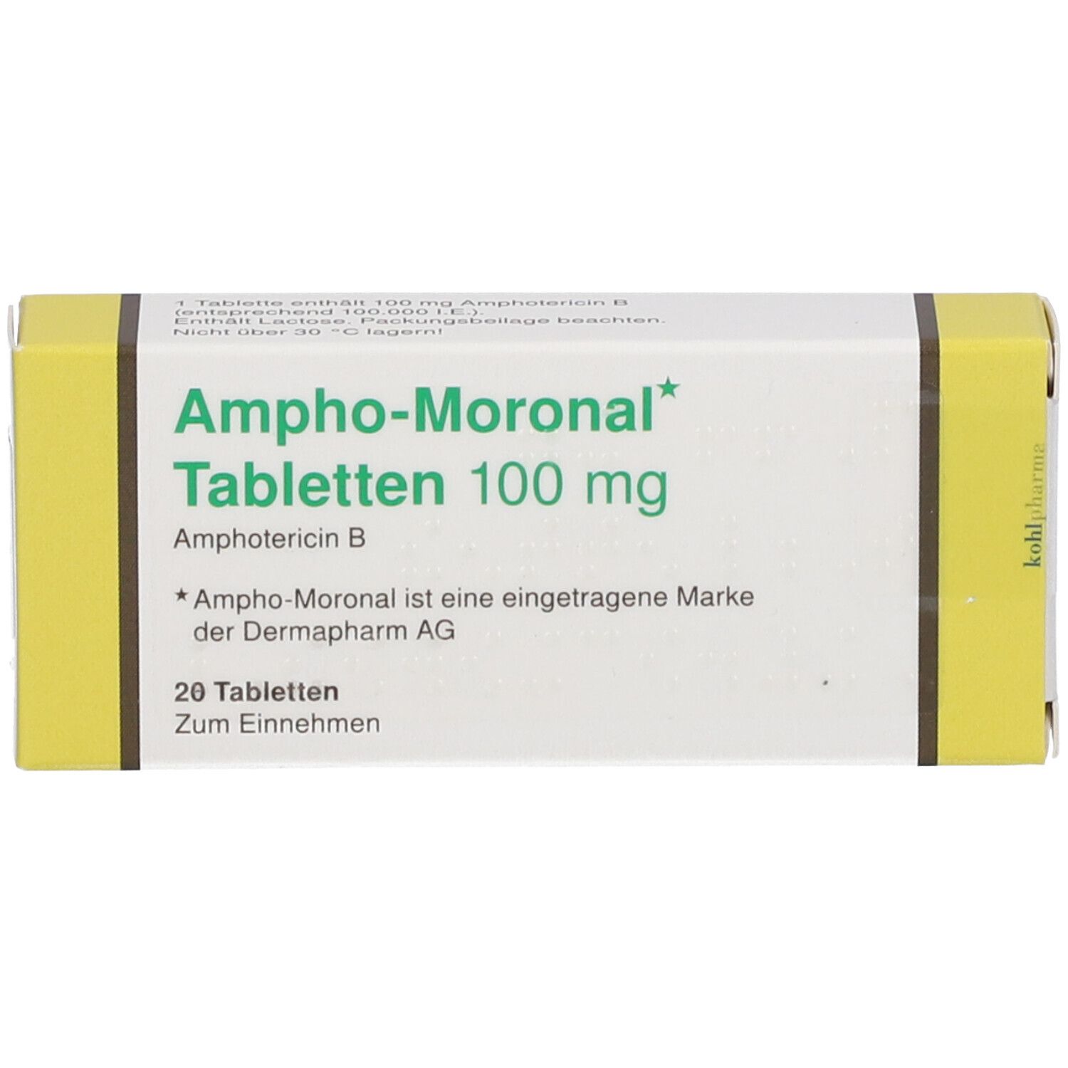 Schachtel mit Ampho-Moronal Tabletten 100 mg. Aufschrift: 20 Tabletten. Gelb-weiße Verpackung.