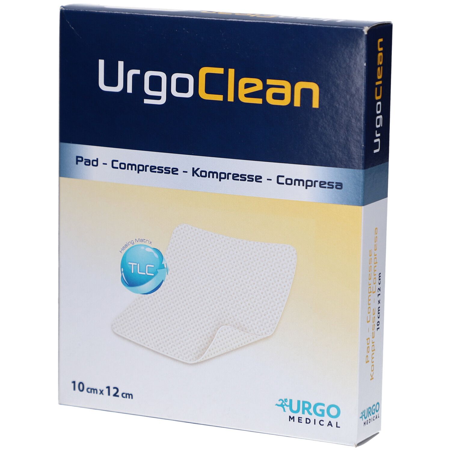 Verpackung mit UrgoClean-Pad. Aufschrift: 10 cm x 12 cm. Logo Urgo Medical. Pad sichtbar.
