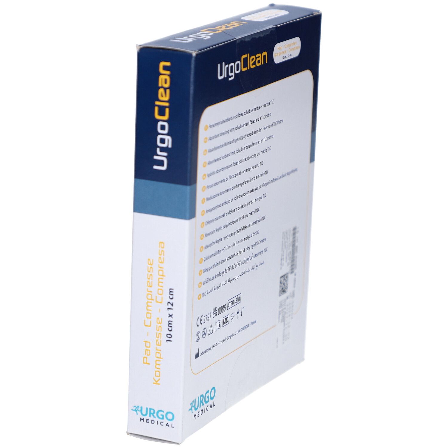 Seitenansicht der UrgoClean-Verpackung. Aufschrift: 10 cm x 12 cm. Logo Urgo Medical. Text.