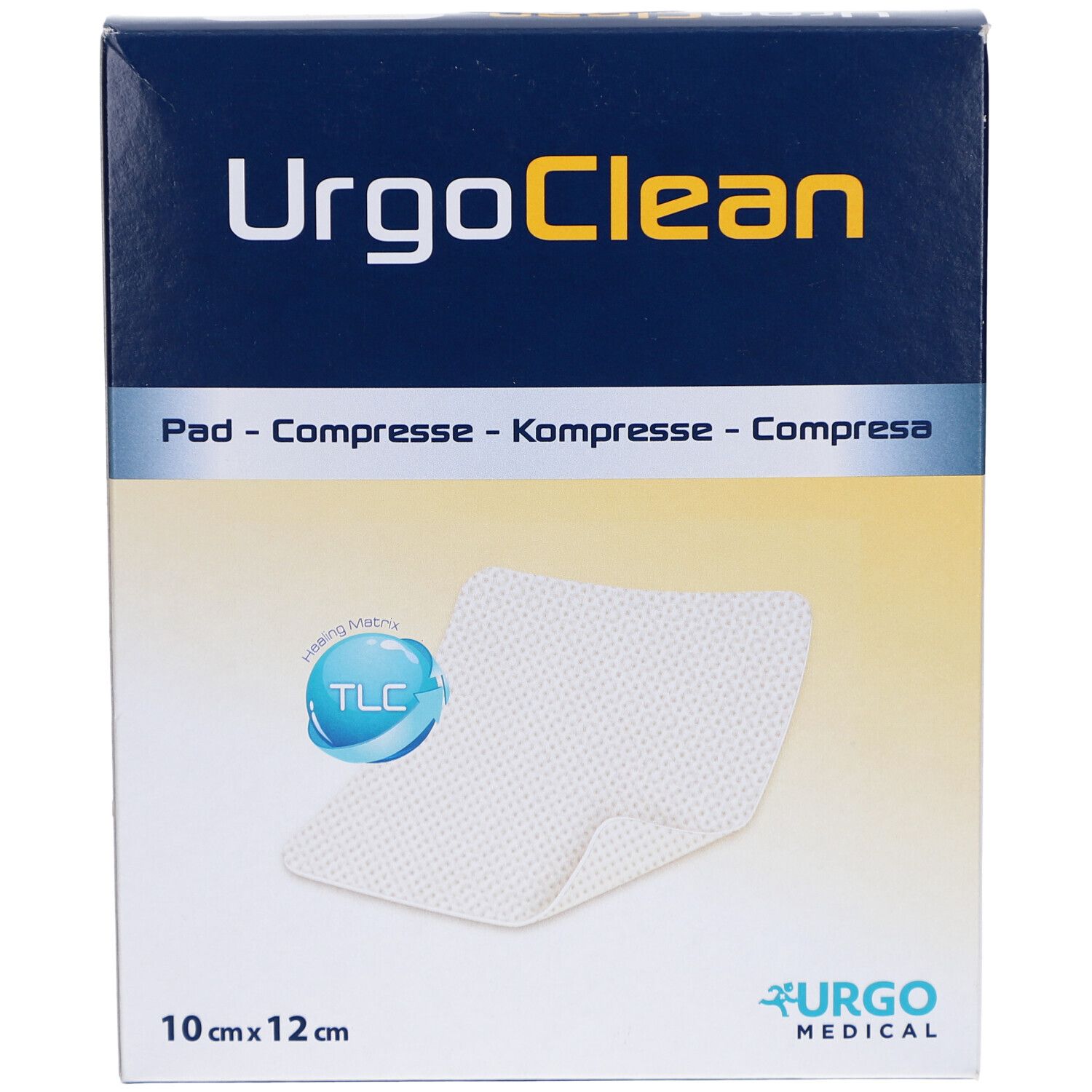 UrgoClean-Verpackung mit Pad. Aufschrift: 10 cm x 12 cm. Logo Urgo Medical. Pad sichtbar.