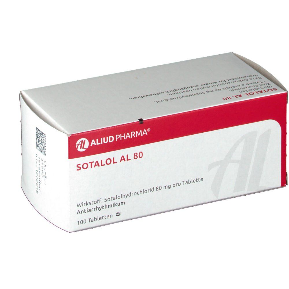 Schachtel Sotalol AL 80. Weiß, rot. Text: Sotalol AL 80, Aliud Pharma, 100 Tabletten. Wirkstoff: Sotalolhydrochlorid 80 mg pro Tablette.
