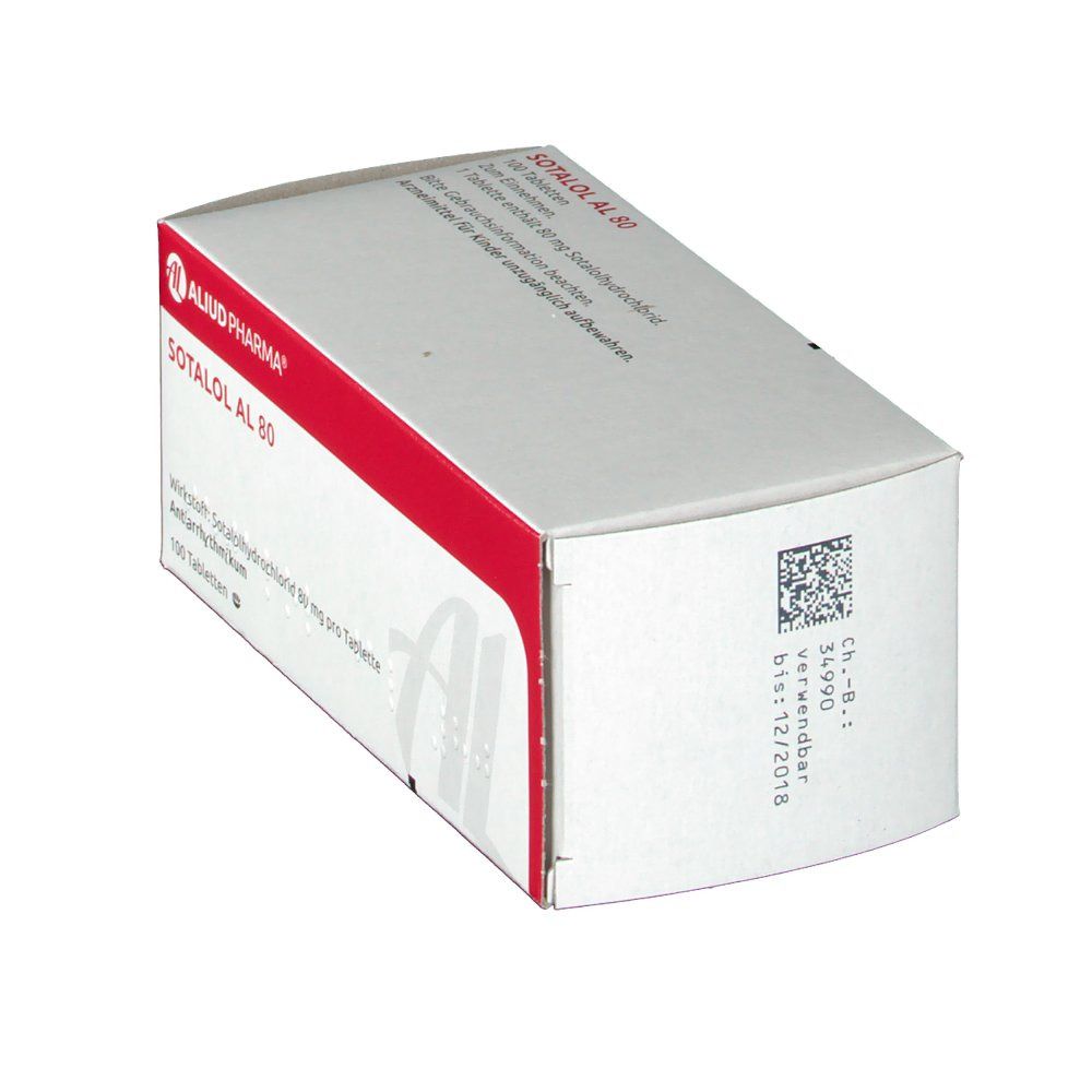 Schachtel Sotalol AL 80. Weiß, rot. Text: Sotalol AL 80, Aliud Pharma. QR-Code. Verfallsdatum.