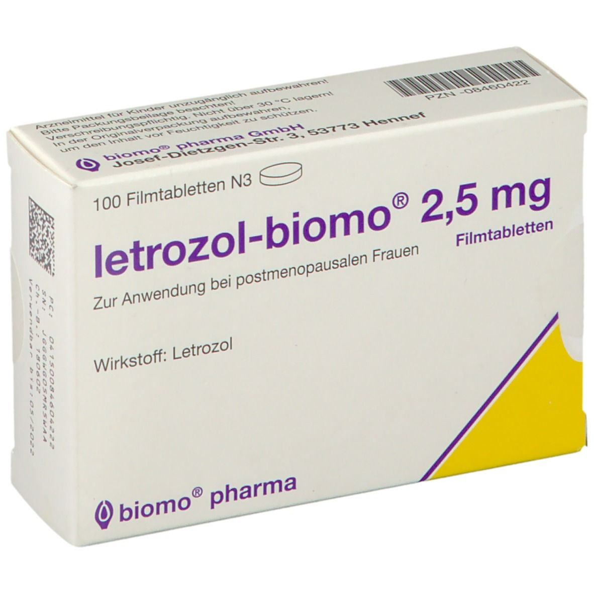 Schachtel mit letrozol-biomo® 2,5 mg Filmtabletten. Aufschrift: 100 Filmtabletten N3. Gelb-lila Design. biomo® pharma Logo.