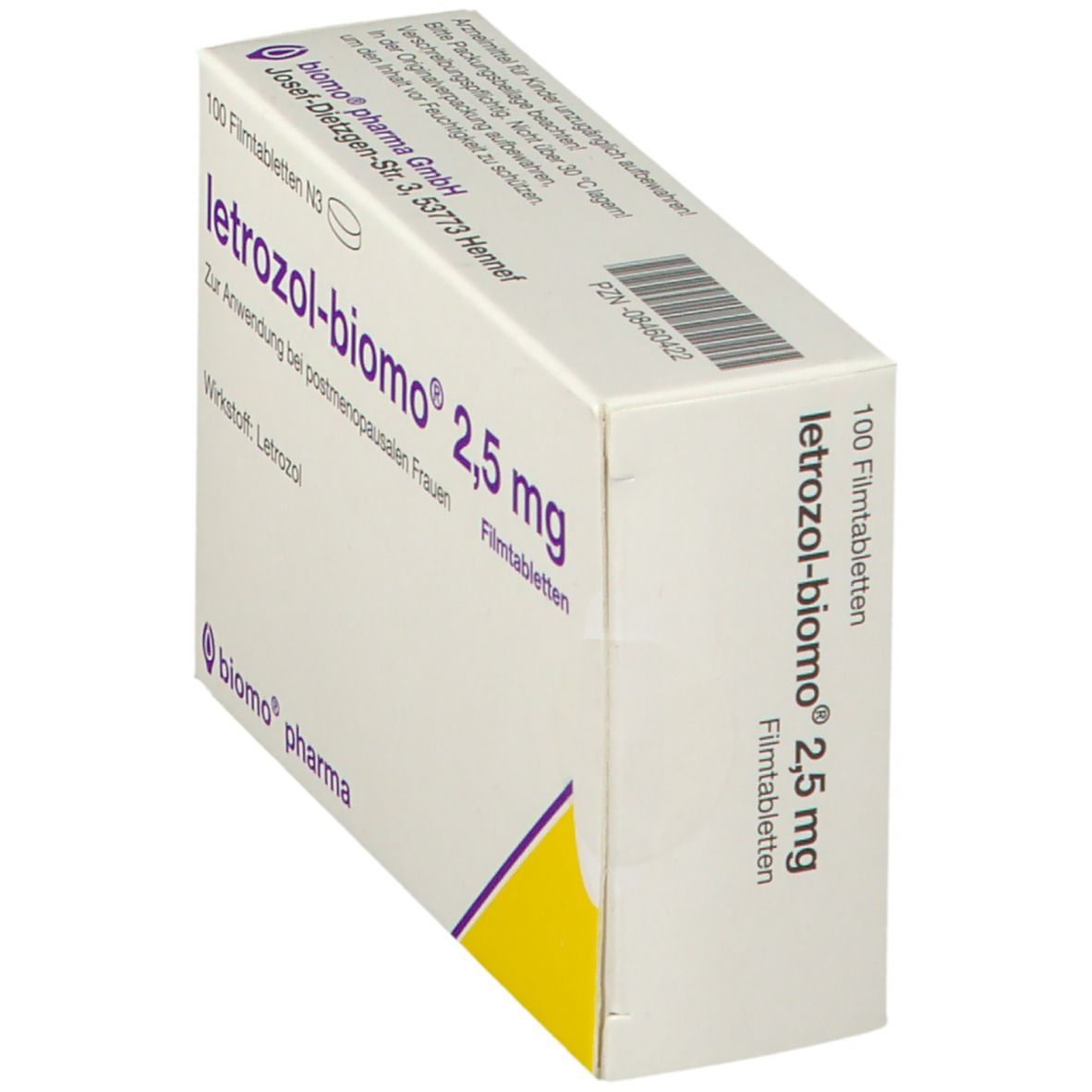 Schachtel letrozol-biomo® 2,5 mg. Seitenansicht. Aufschrift: 100 Filmtabletten. Gelb-lila Design. biomo® pharma Logo. PZN-08460422.
