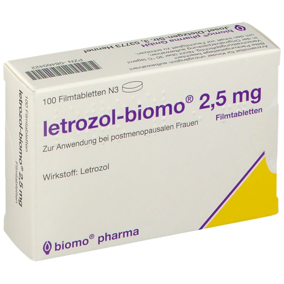 Schachtel letrozol-biomo® 2,5 mg. Aufschrift: 100 Filmtabletten. Gelb-lila Design. biomo® pharma Logo. PZN-08460422.