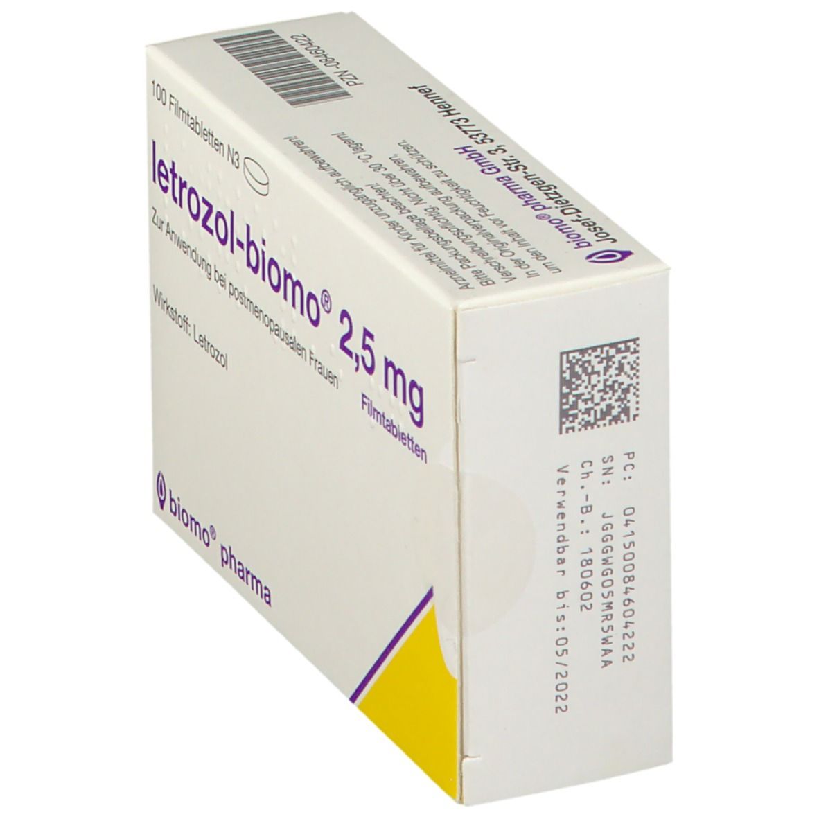 Schachtel letrozol-biomo® 2,5 mg. Rückseite mit Barcode und weiteren Informationen. Gelb-lila Design. biomo® pharma Logo.