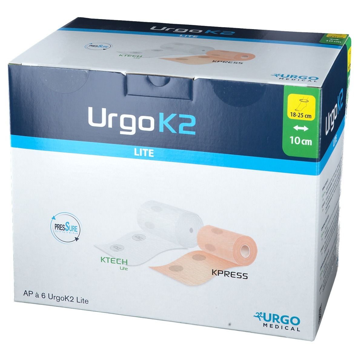 Karton von UrgoK2 Lite. Enthält Bandagen. Aufdruck: KPress, KTech Lite, Urgo Medical. Maße: 18-25 cm x 10 cm. AP à 6 UrgoK2 Lite.