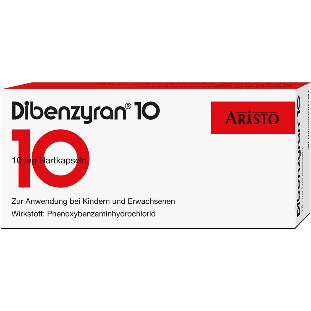 Weiße Schachtel mit roter Aufschrift "Dibenzyran 10". Enthält "10 mg Hartkapseln". Marke "ARISTO". Text: "Zur Anwendung bei Kindern und Erwachsenen".