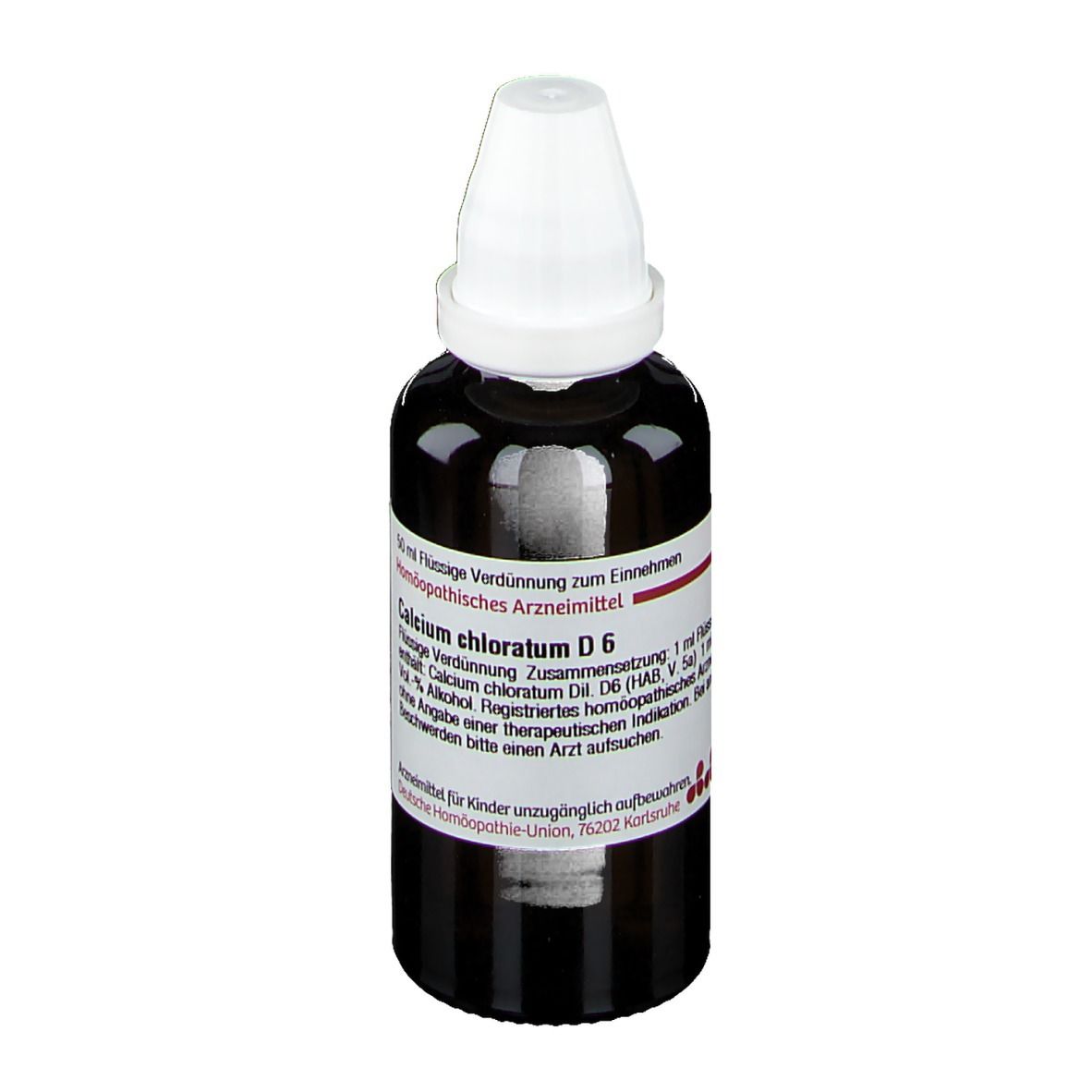 Braune Tropfflasche mit weißem Verschluss. Etikett mit Produktinformationen. DHU Calcium chloratum D6.