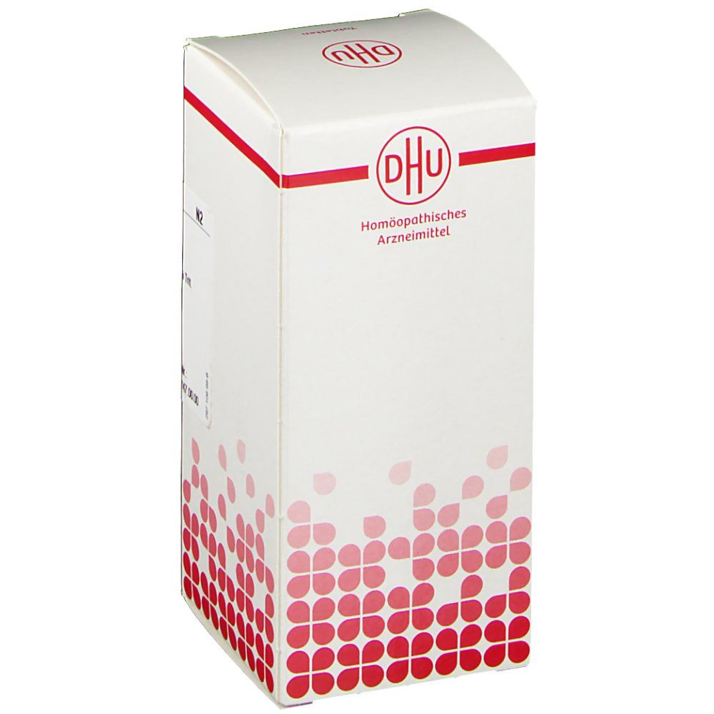 Weiße Faltschachtel mit rotem Muster. Aufdruck: DHU-Logo, Homöopathisches Arzneimittel. Text in deutscher Sprache.