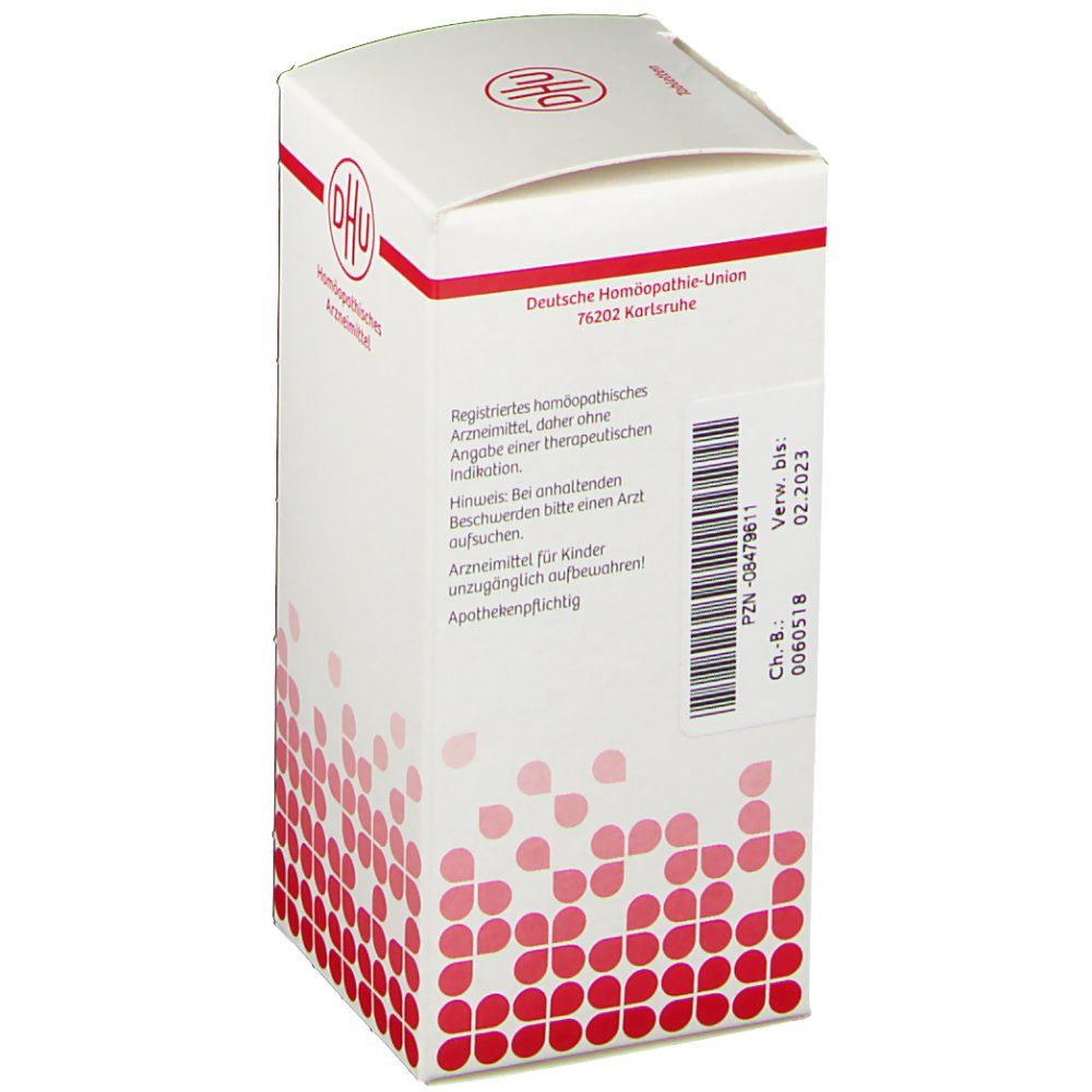 Weiße Faltschachtel mit rotem Muster. Aufdruck: DHU-Logo, Deutsche Homöopathie-Union. Text in deutscher Sprache. PZN-Code.