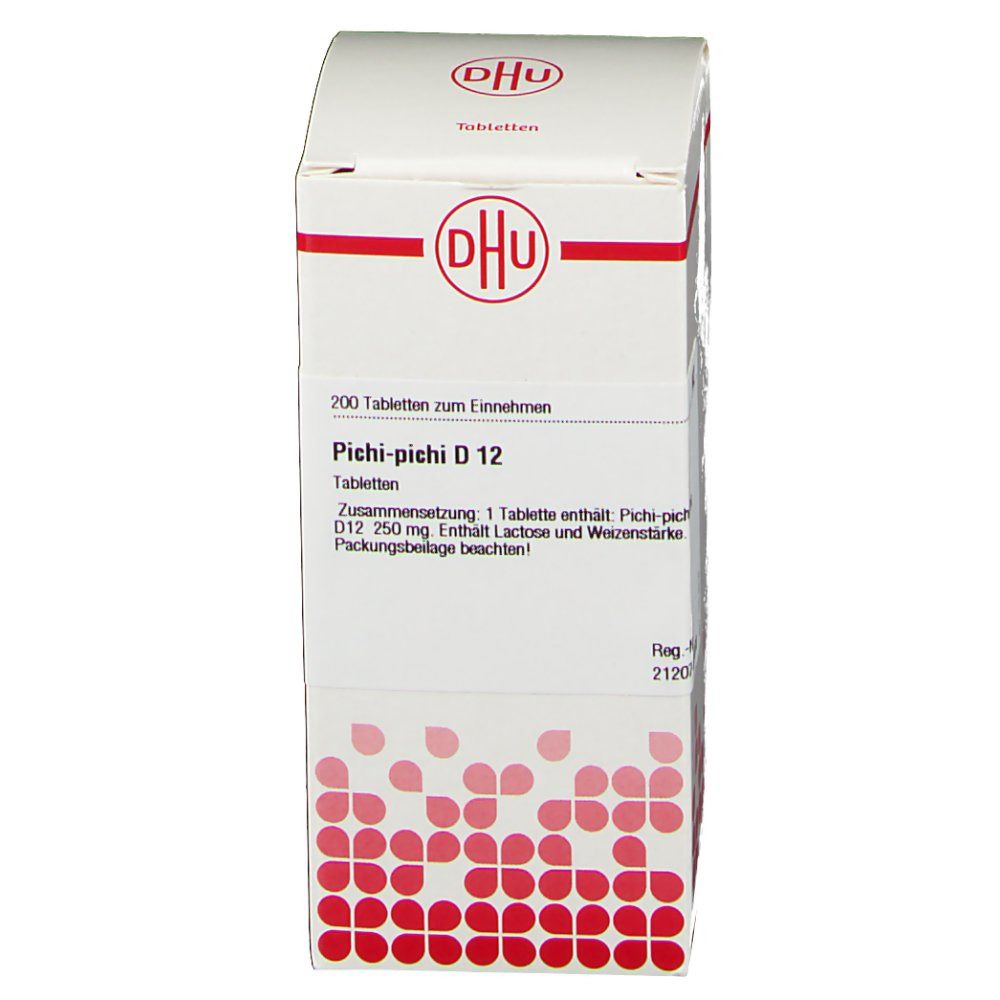 Weiße Faltschachtel mit rotem Muster. Aufdruck: DHU-Logo, 200 Tabletten, Pichi-pichi D 12. Text in deutscher Sprache.