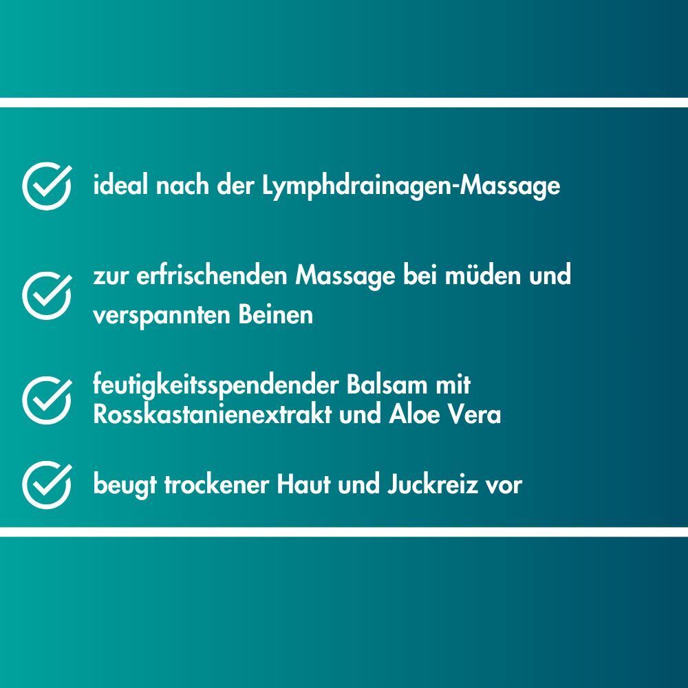 Liste mit Vorteilen: Lymphdrainage-Massage, erfrischende Massage, feuchtigkeitsspendend mit Rosskastanie und Aloe Vera, beugt trockener Haut vor.