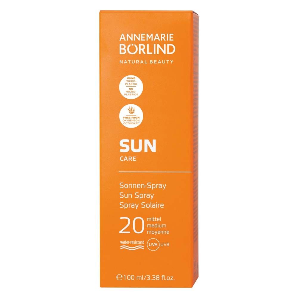 ANNEMARIE BÖRLIND Sun Spray LSF 20. Orangefarbene Verpackung. Text: SUN CARE, 20, 100 ml.