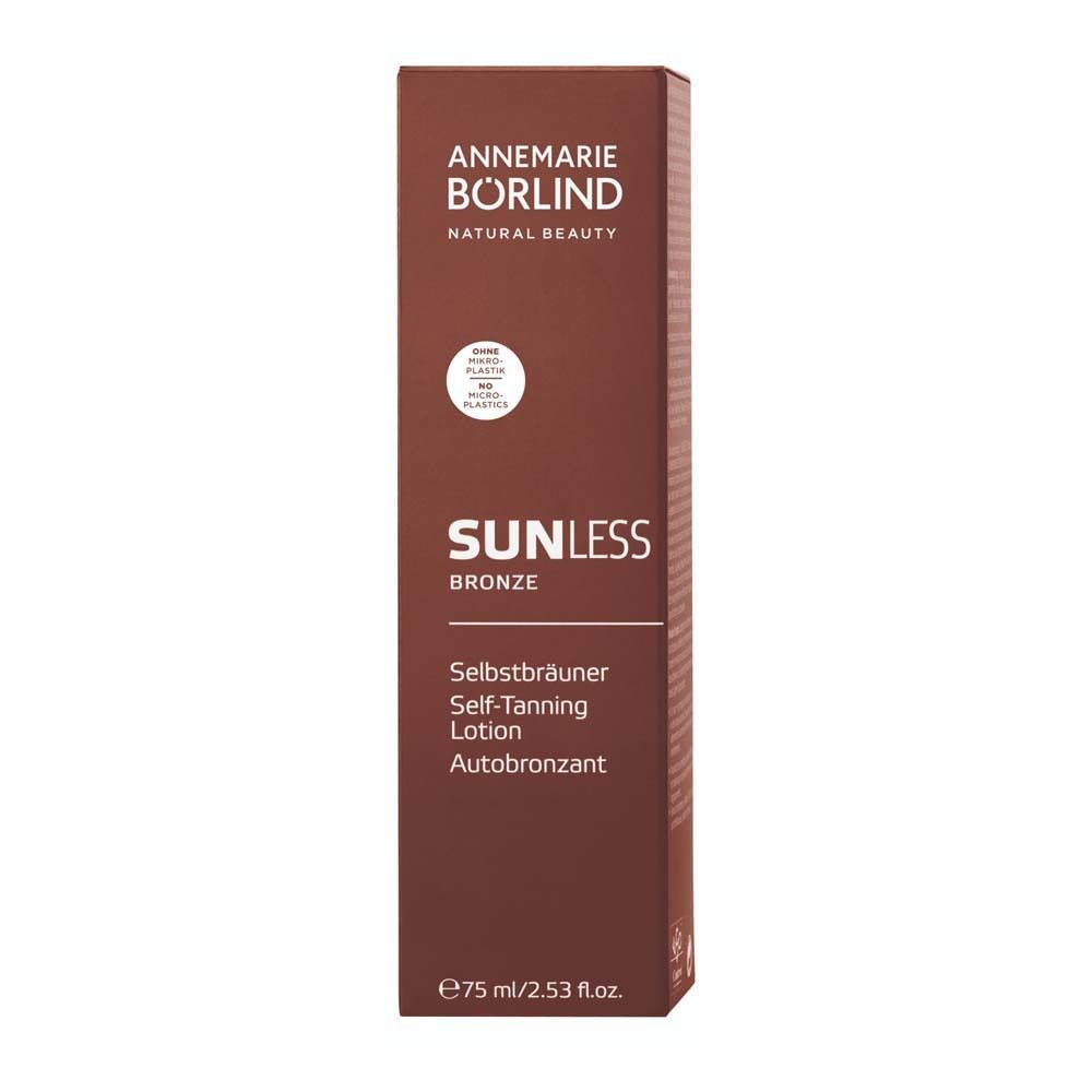 Braune Verpackung. Aufschrift: SUNLESS Bronze, Selbstbräuner. 75 ml. Mit Logo.